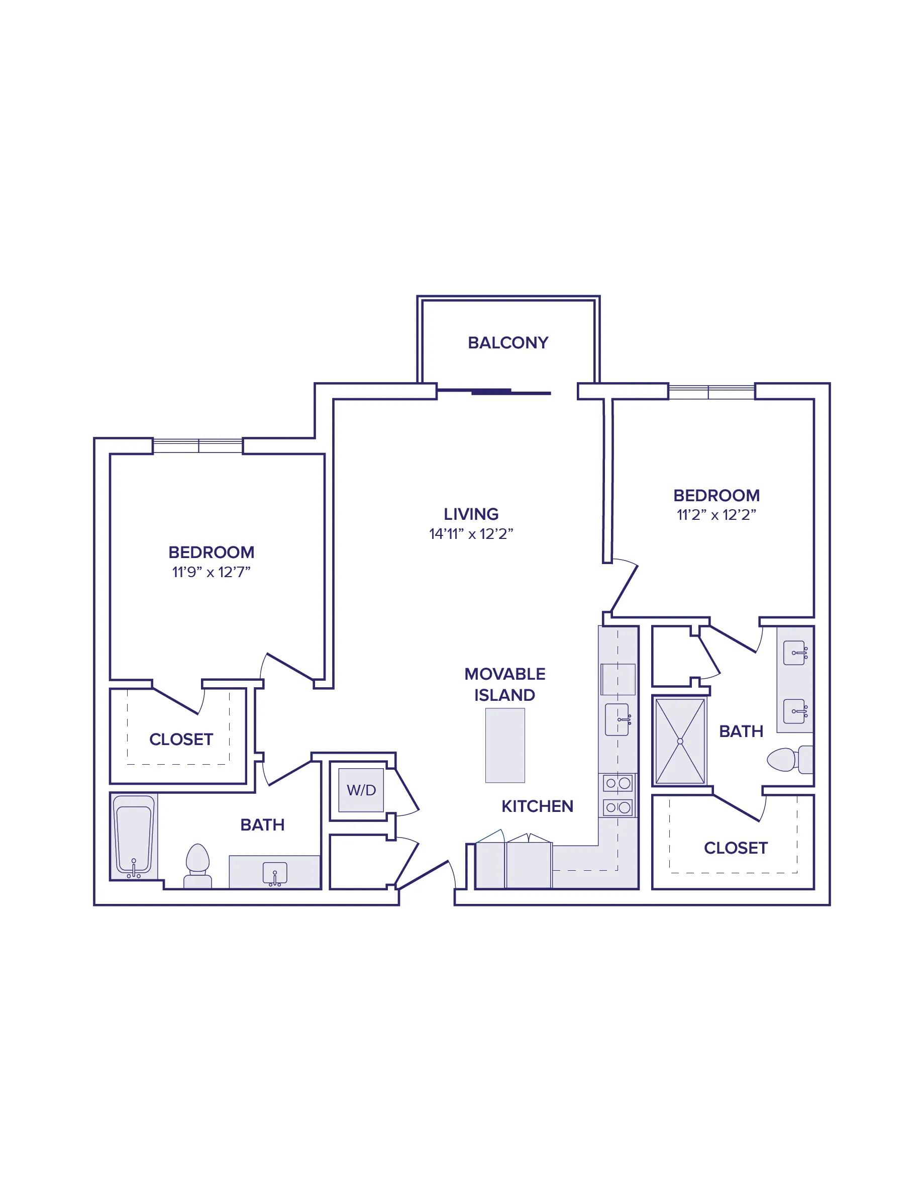 1134 square foot two bed two bath floor plan image