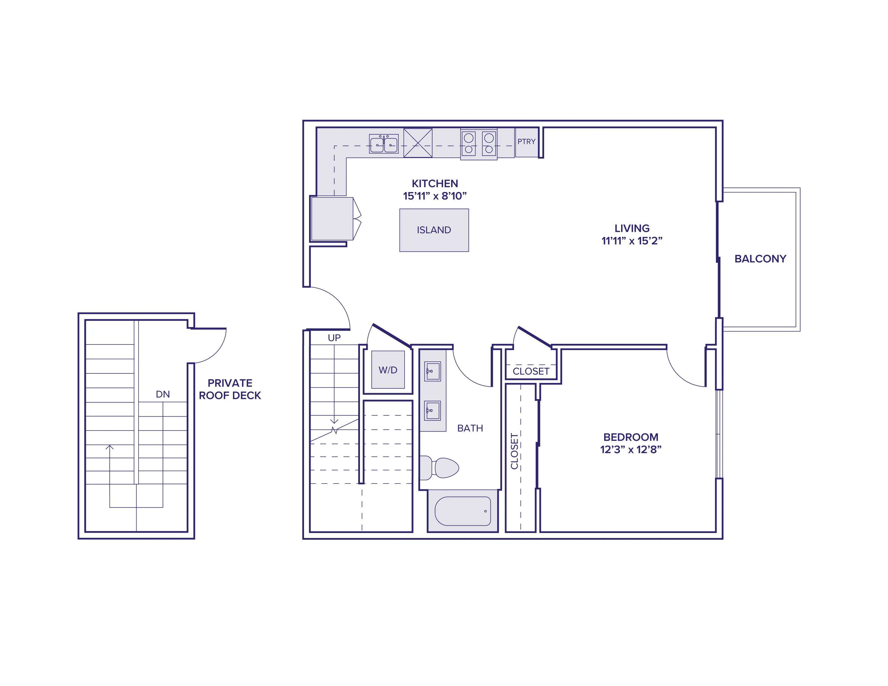 835 square foot one bed one bath apartment floor plan in Scottsdale, AZ
