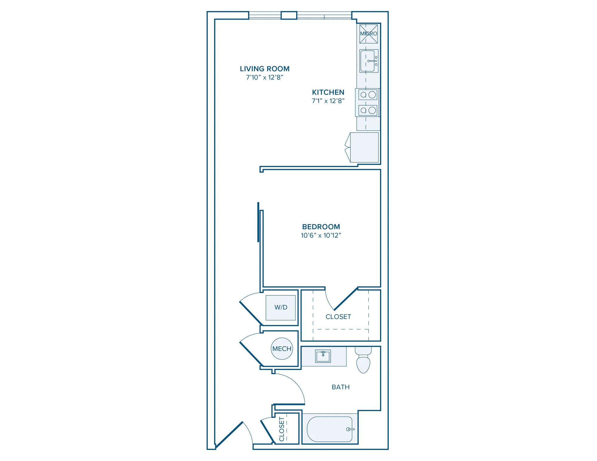602-605 square foot one bed one bath apartment floor plan in D.C.