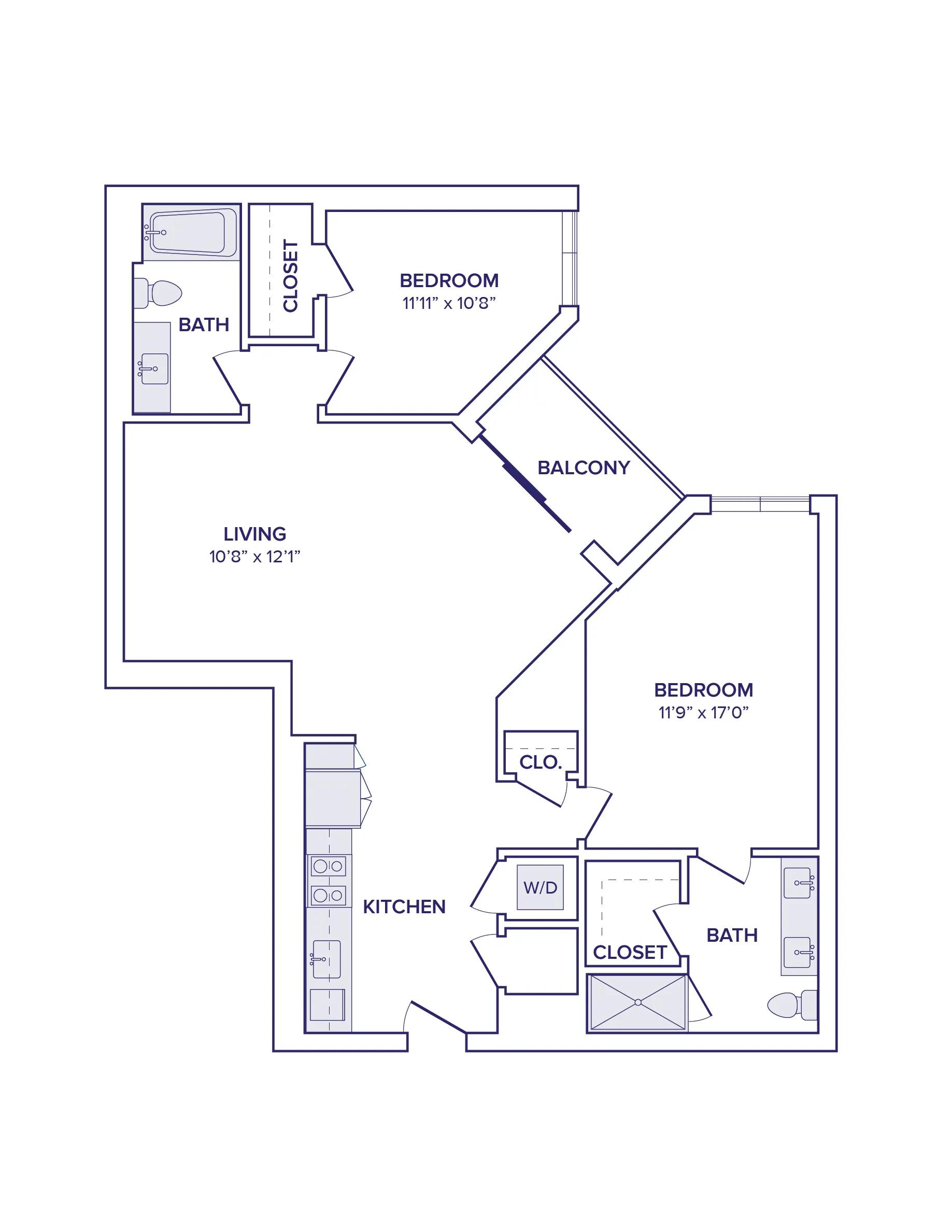 1177 square foot two bedroom two bath apartment floor plan