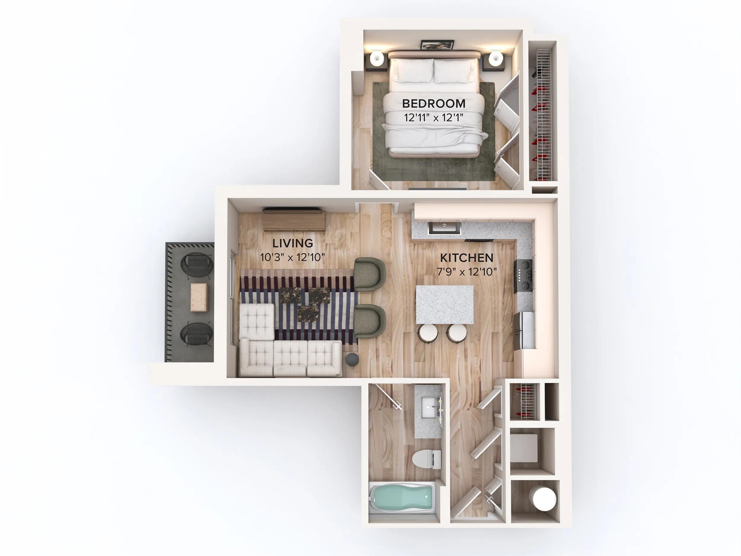 687 square foot one bed one bath floor plan in Miami, FL