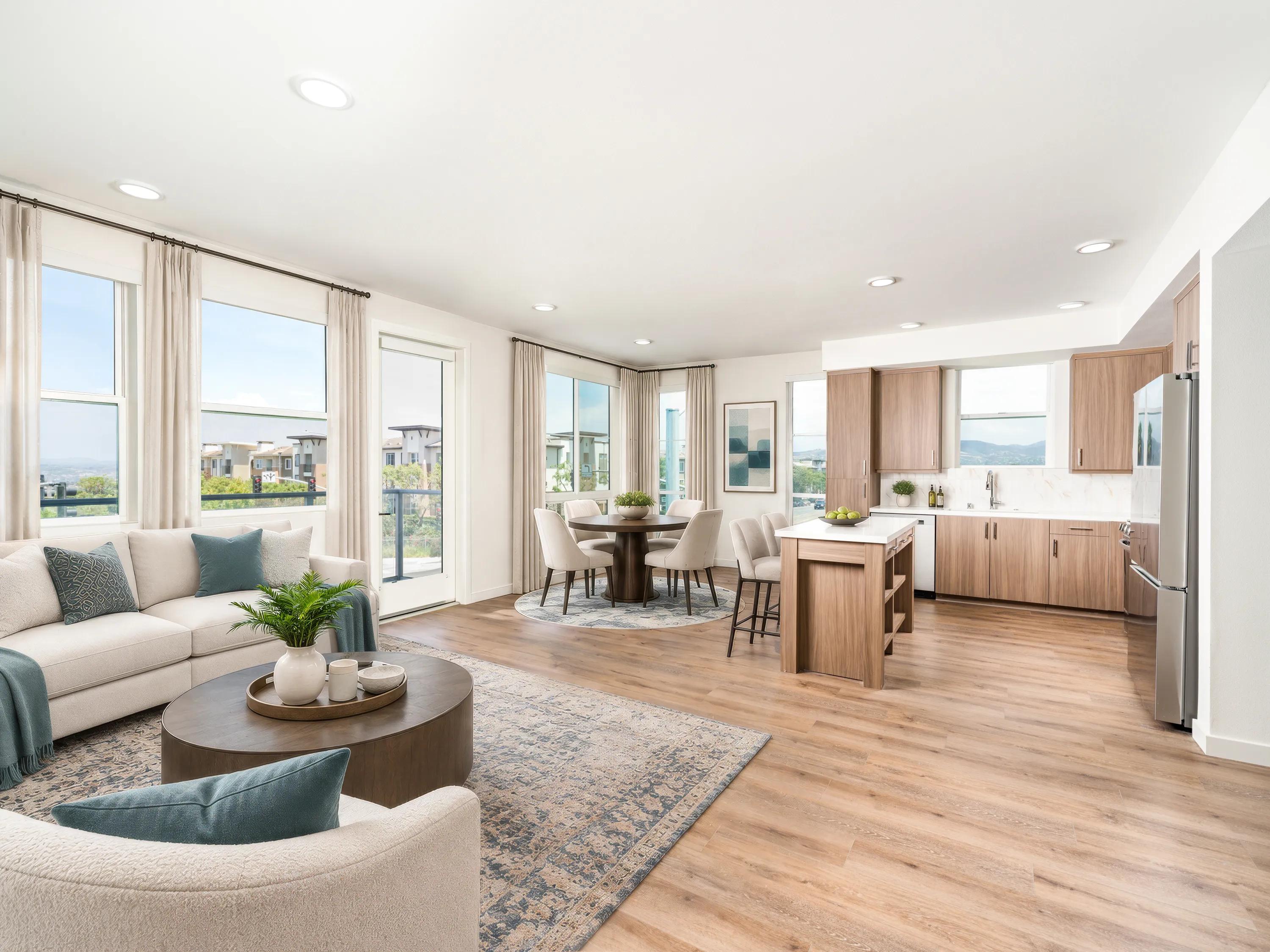 modera melrose apartments in oceanside ca bright kitchen with green cabinetry and mountain views