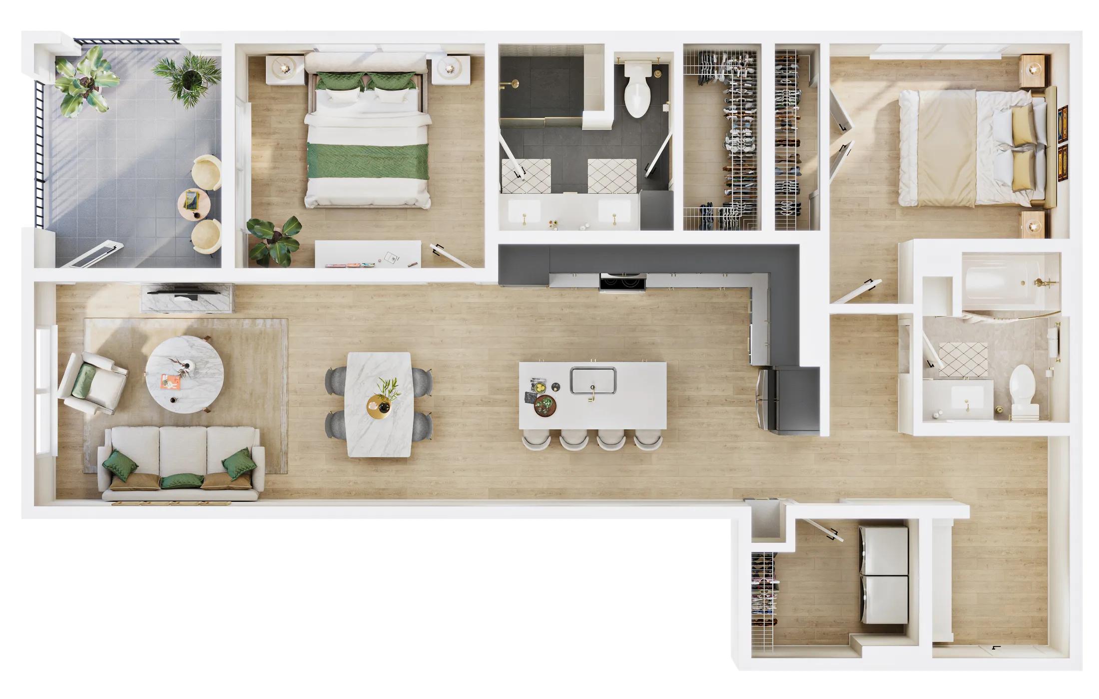 1182 square foot two bed two bath floor plan image