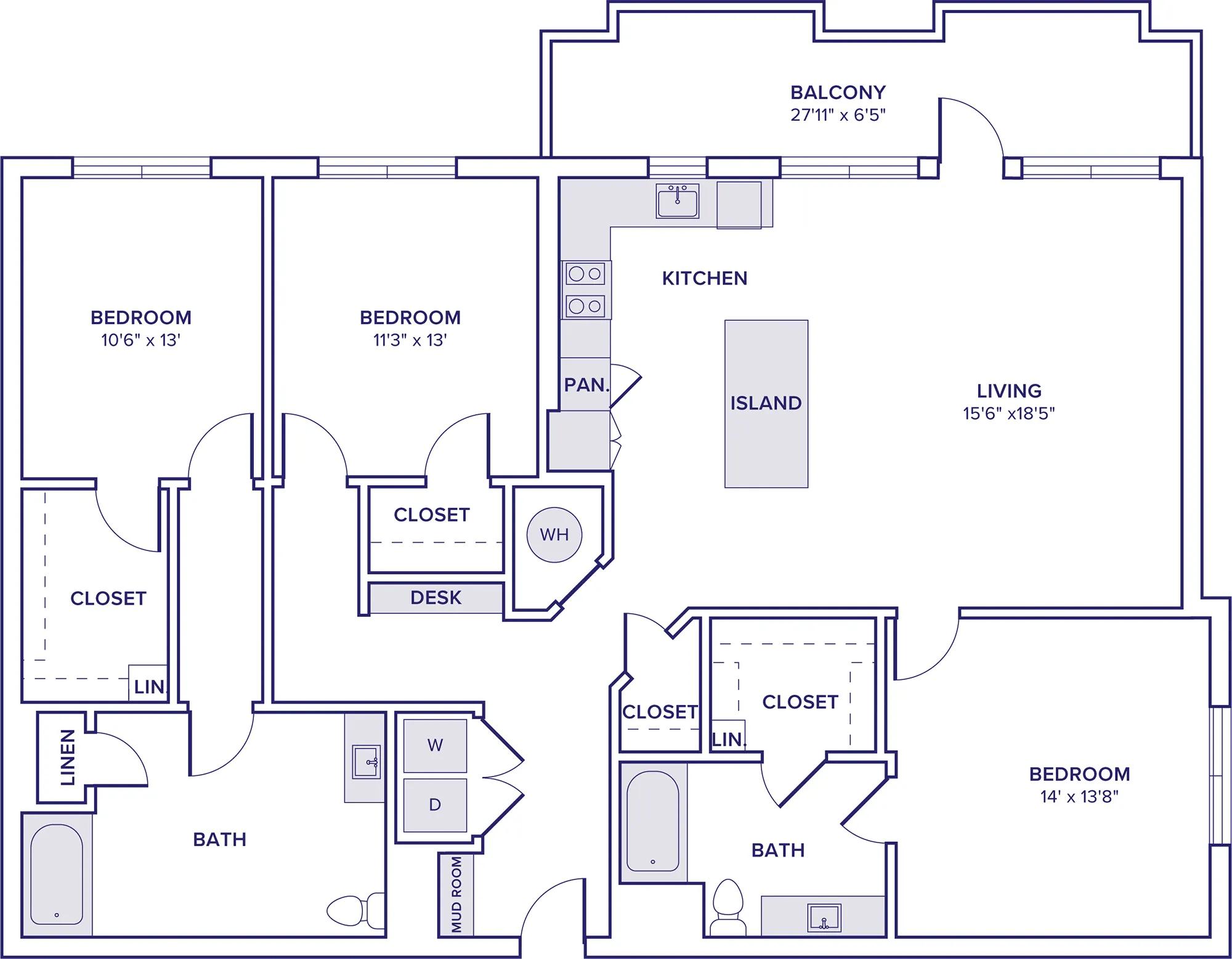 1684 square foot three bedroom three bath apartment floor plan in McKinney, TX