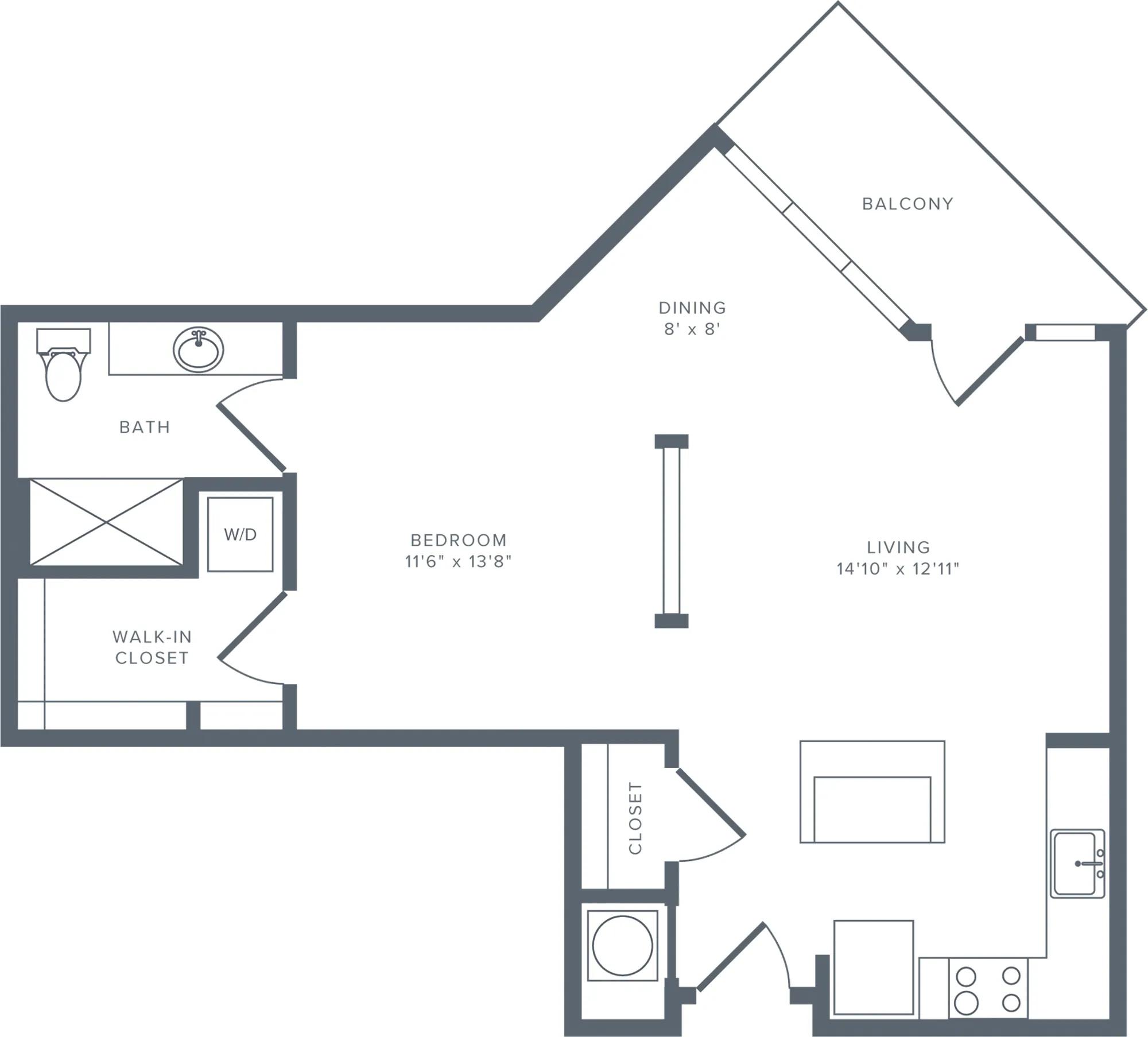 721 square foot studio one bath floorplan image