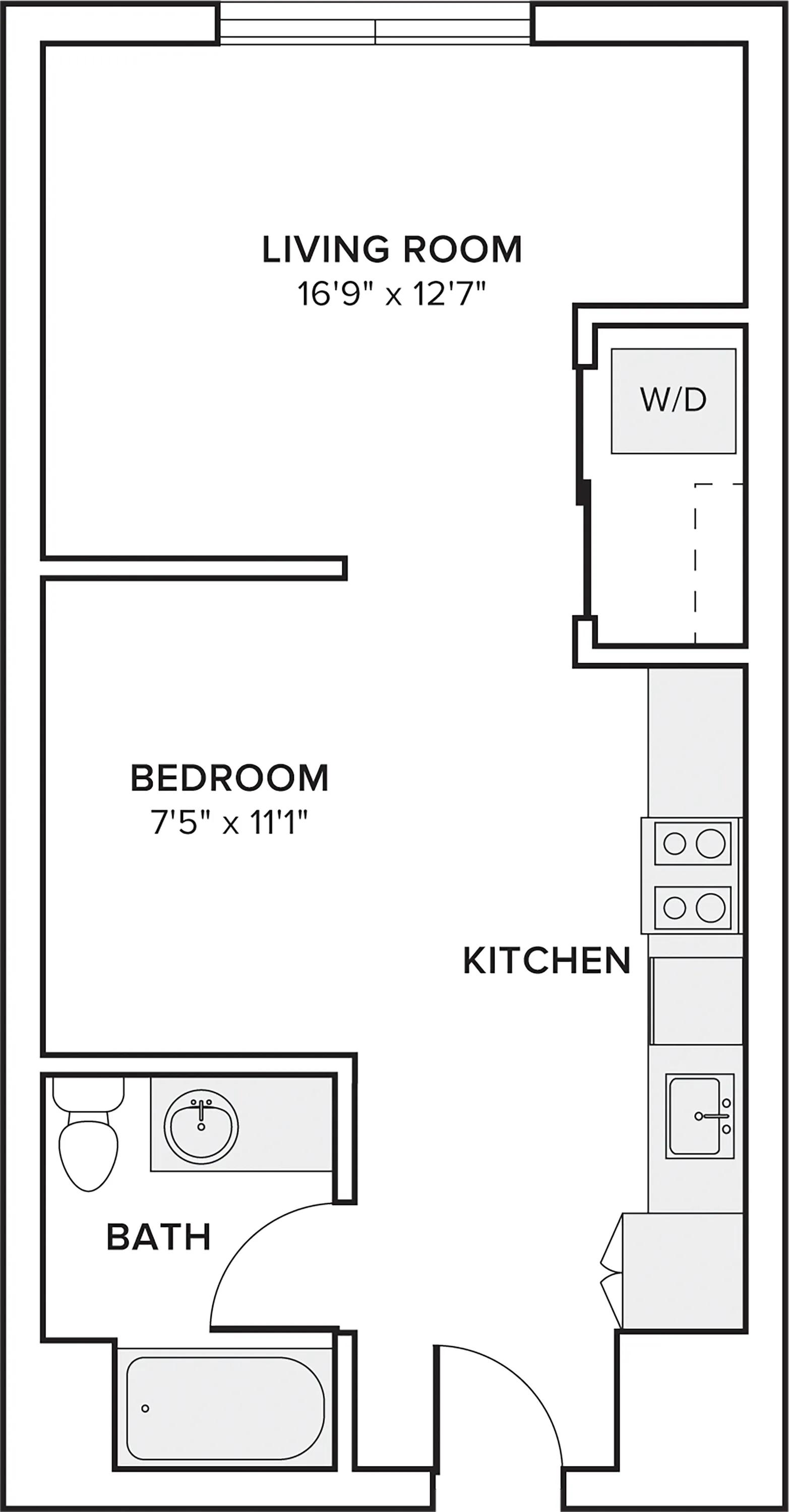 578 square foot one bed one bath apartment floor plan in Portland, OR