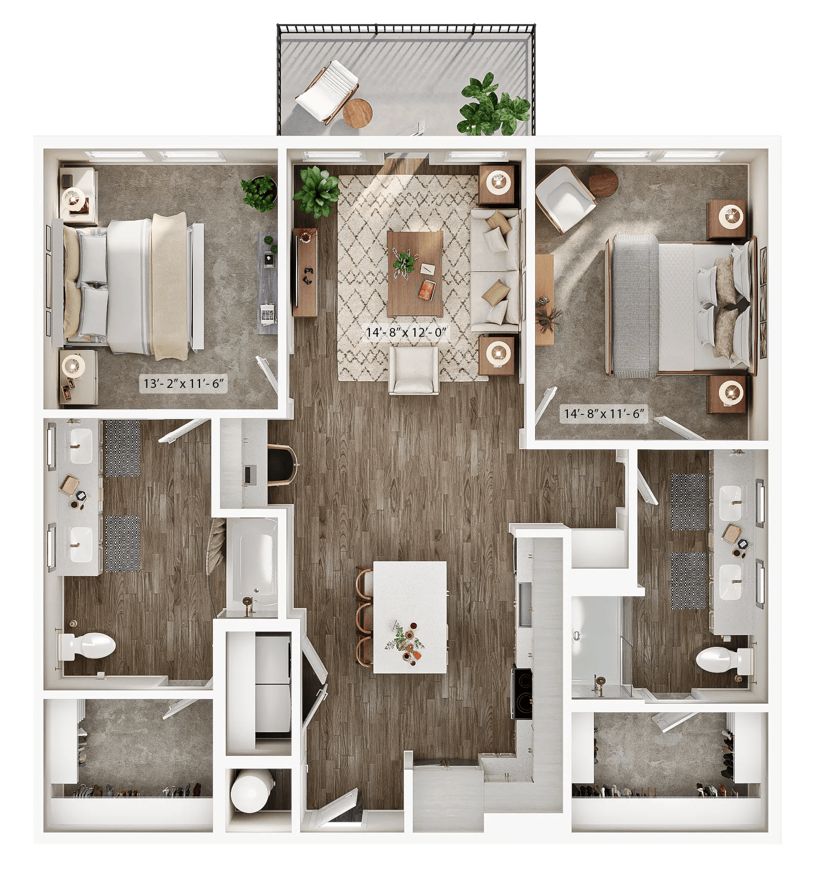1224 square foot two bedroom two bath apartment floor plan image