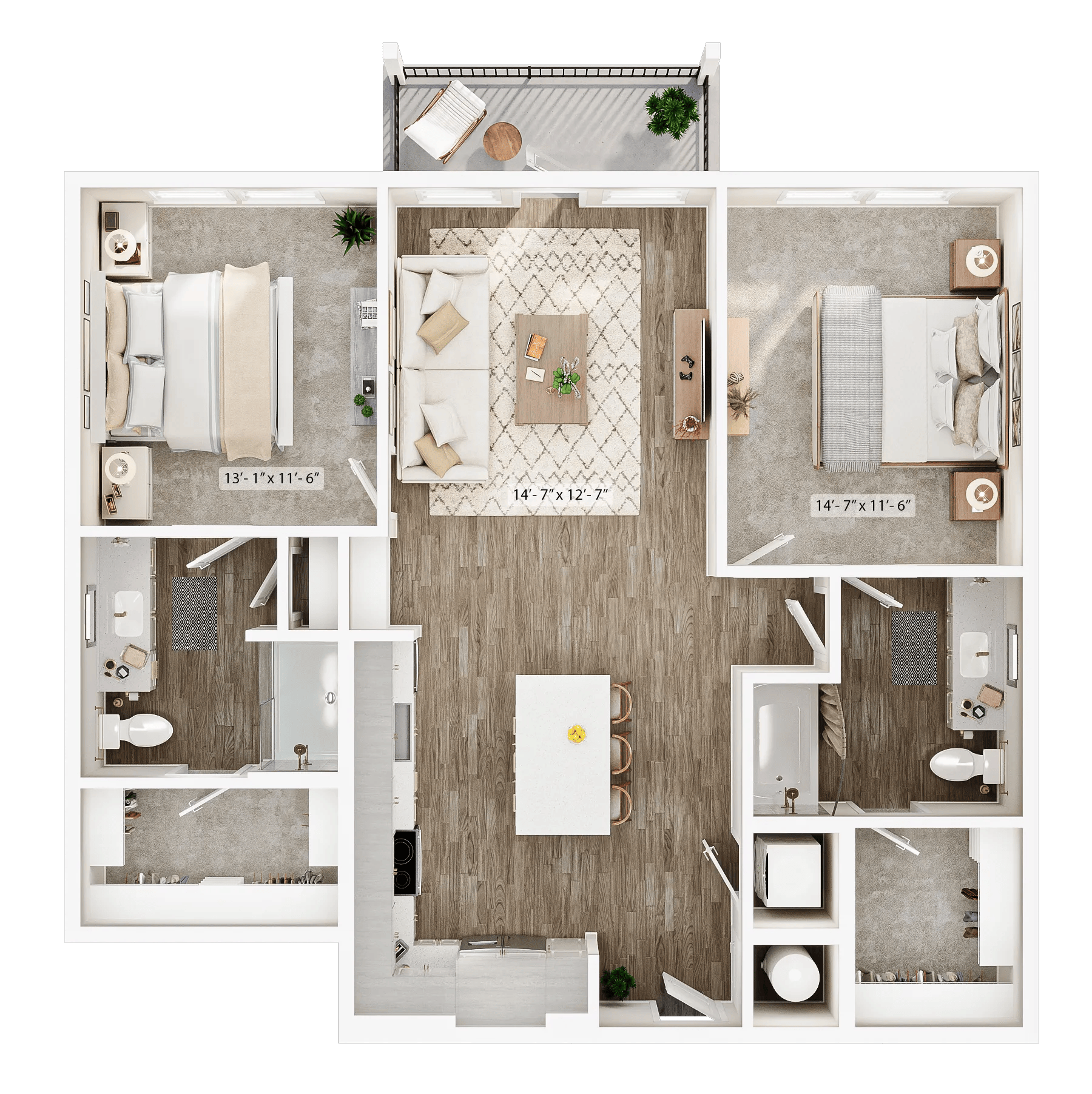 1120 square foot two bed two bath floor plan image
