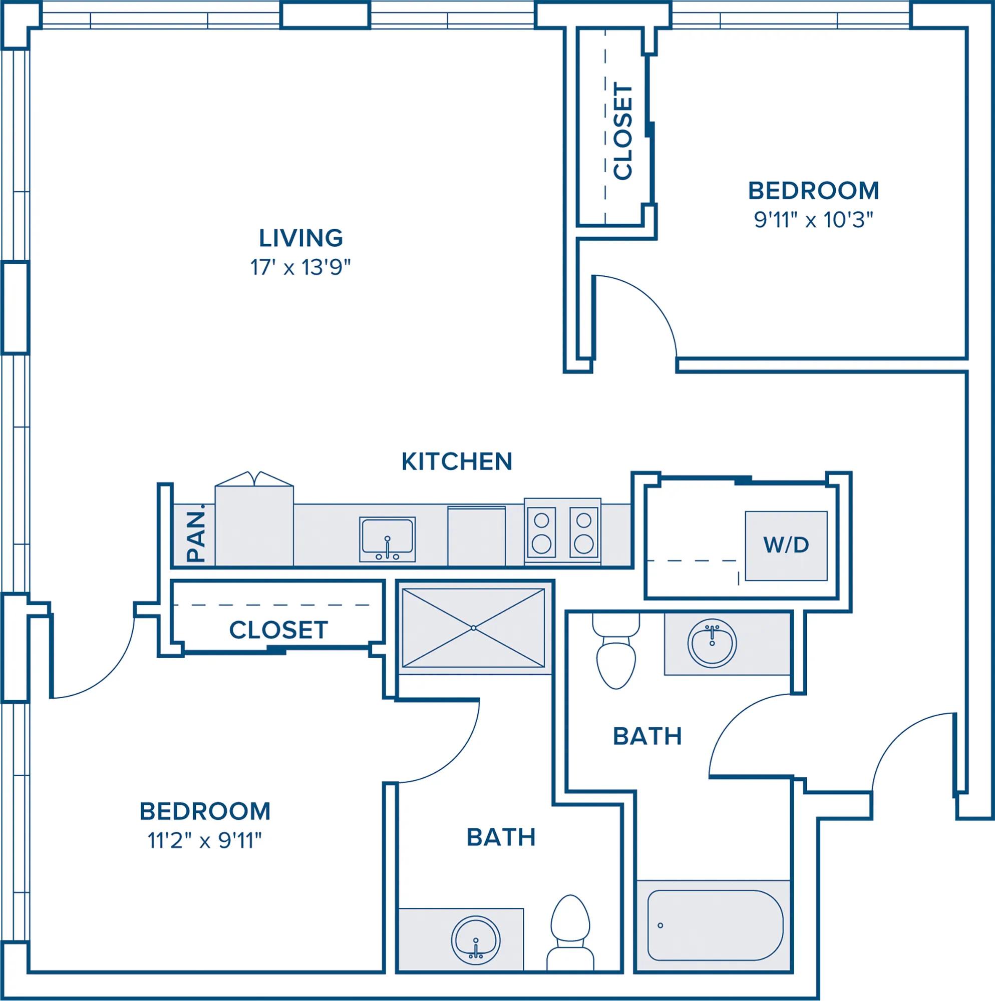 932 square foot two bedroom two bathroom floorplan image