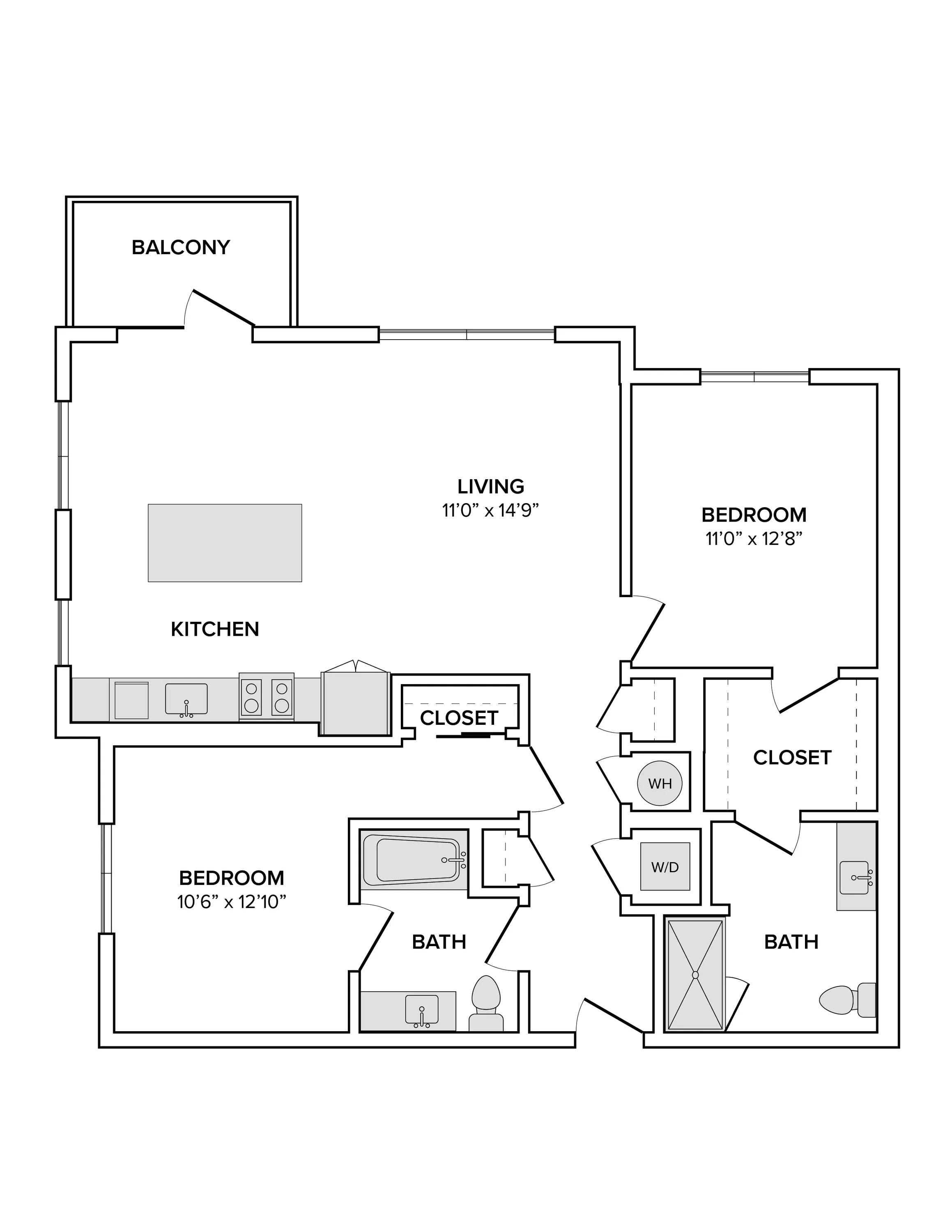 1136 square foot two bed two bath apartment floor plan image