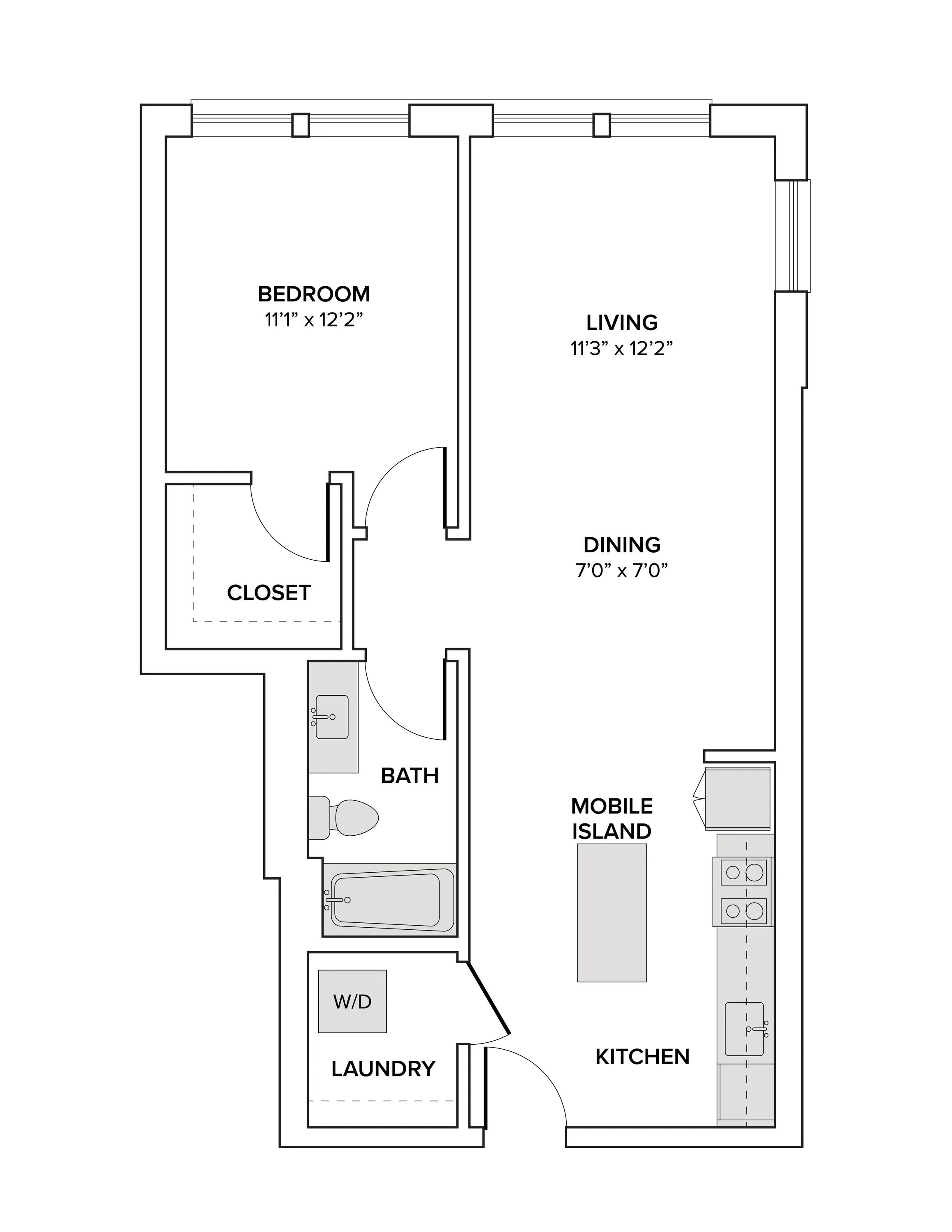 784 square foot one bedroom one bath apartment floor plan image