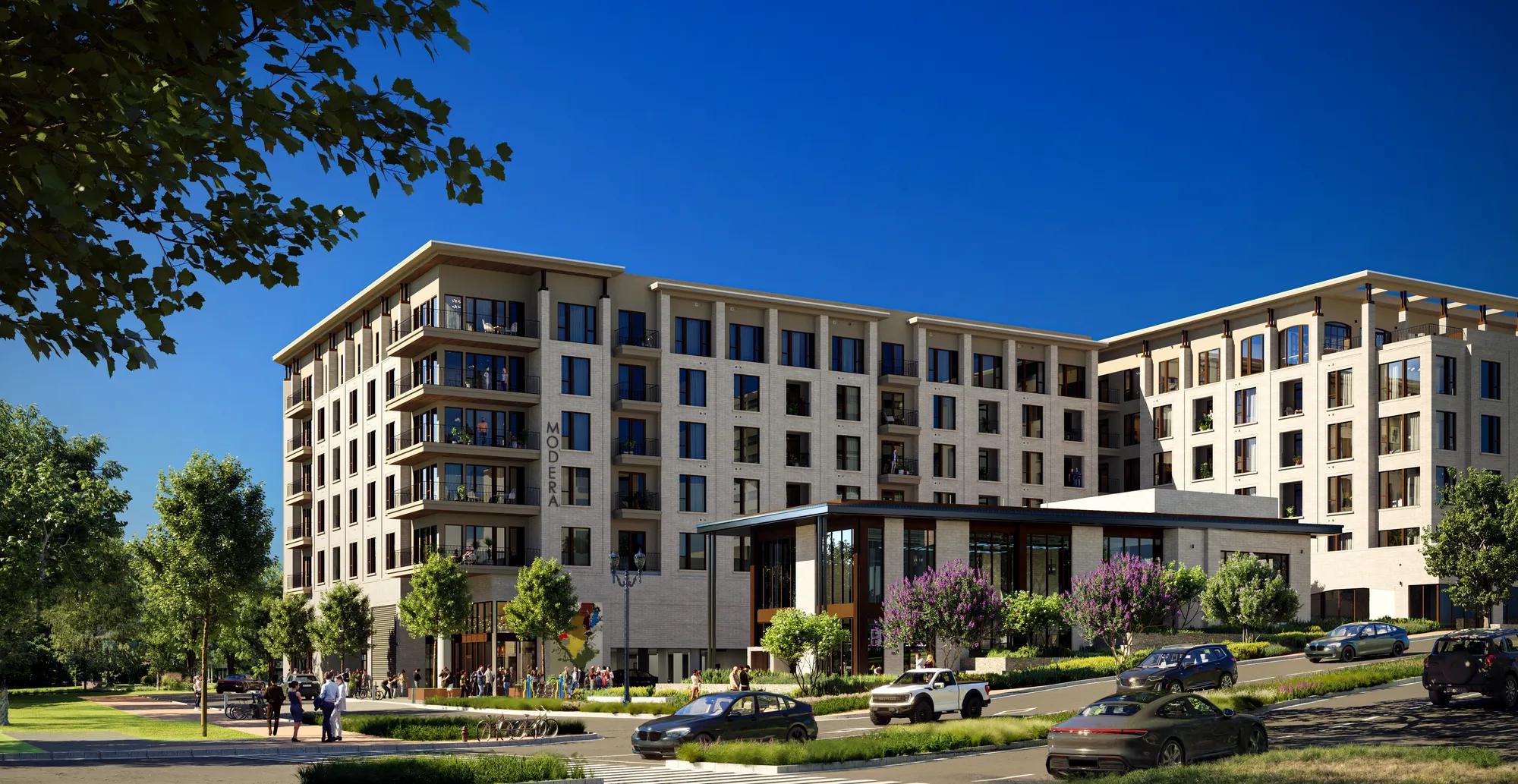 exterior street view of modera trailhead apartments in dallas tx