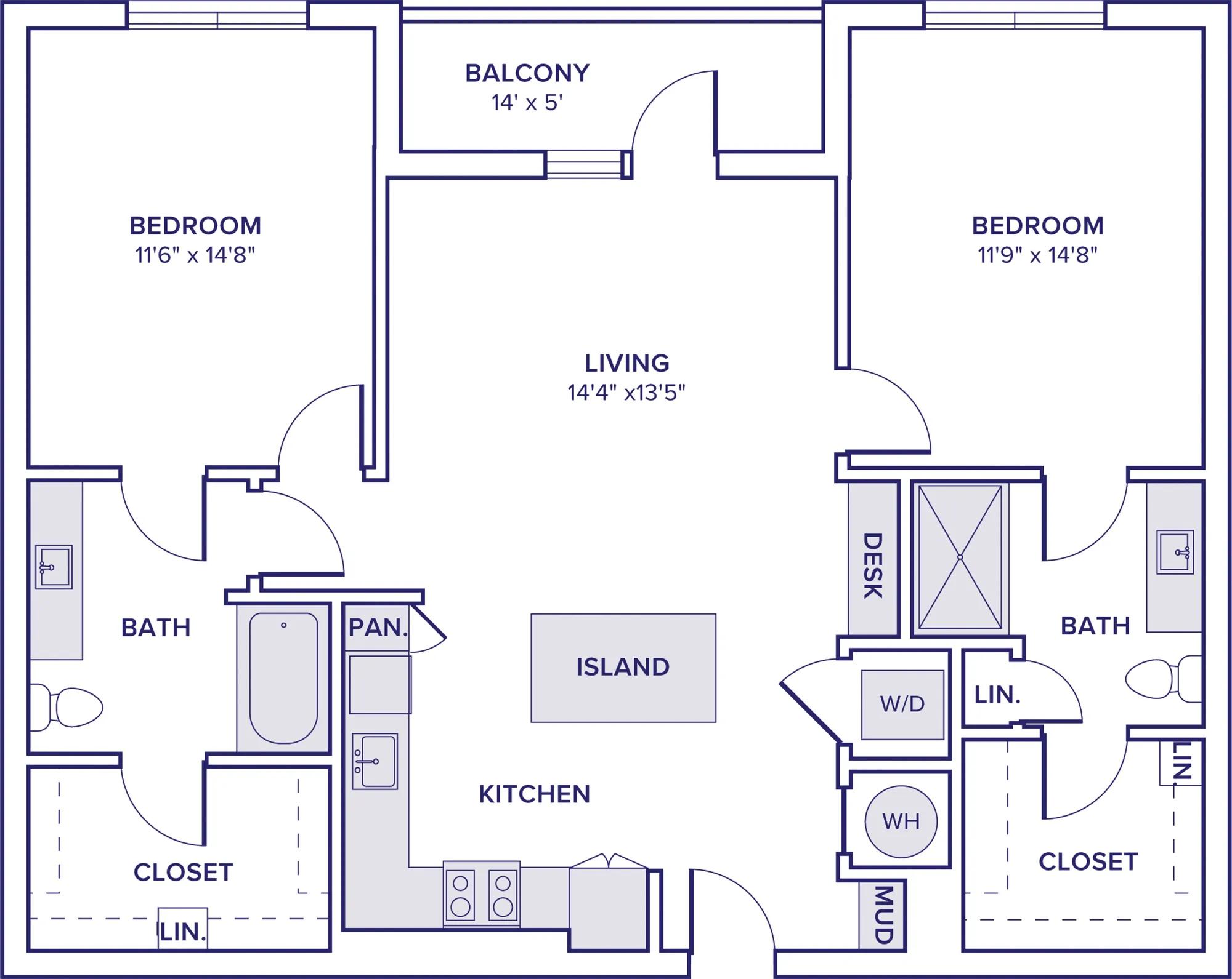 1148 square foot two bed two bath apartment floor plan in McKinney, TX