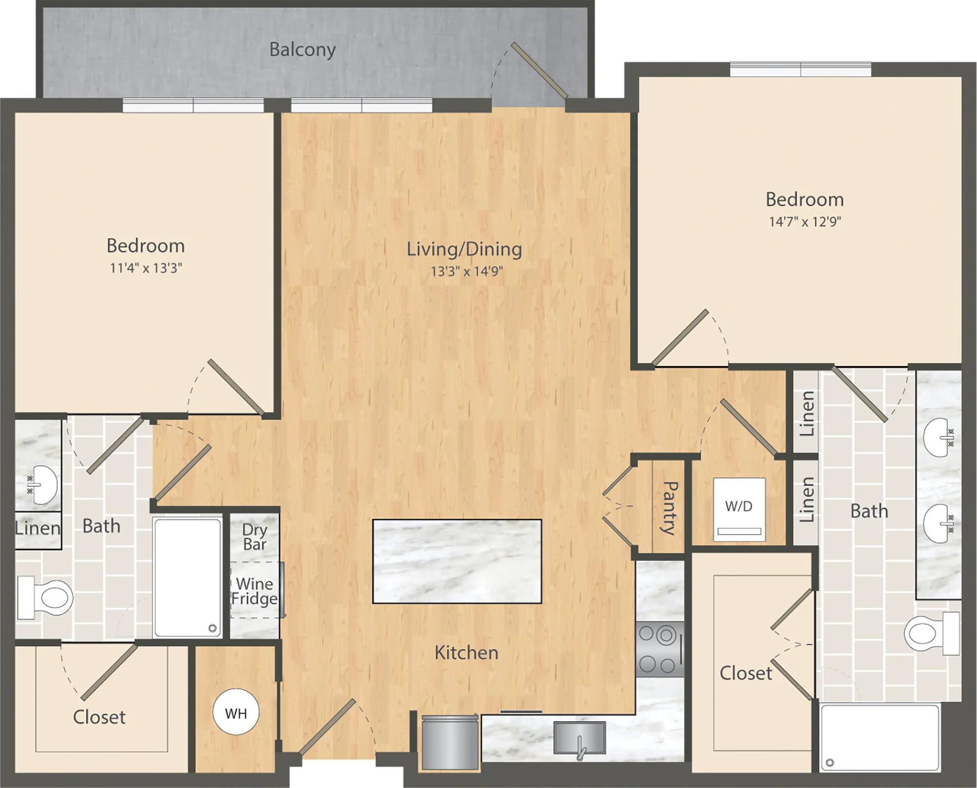 1176 square foot two bedroom two bath apartment floor plan in Dallas, TX