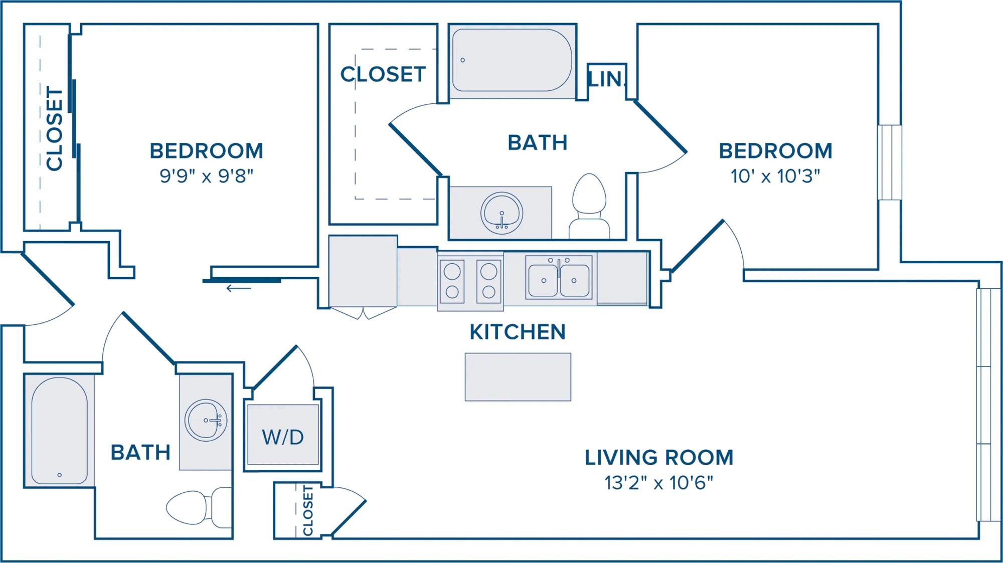 861 to 969 square foot two bedroom two bath apartment floorplan image