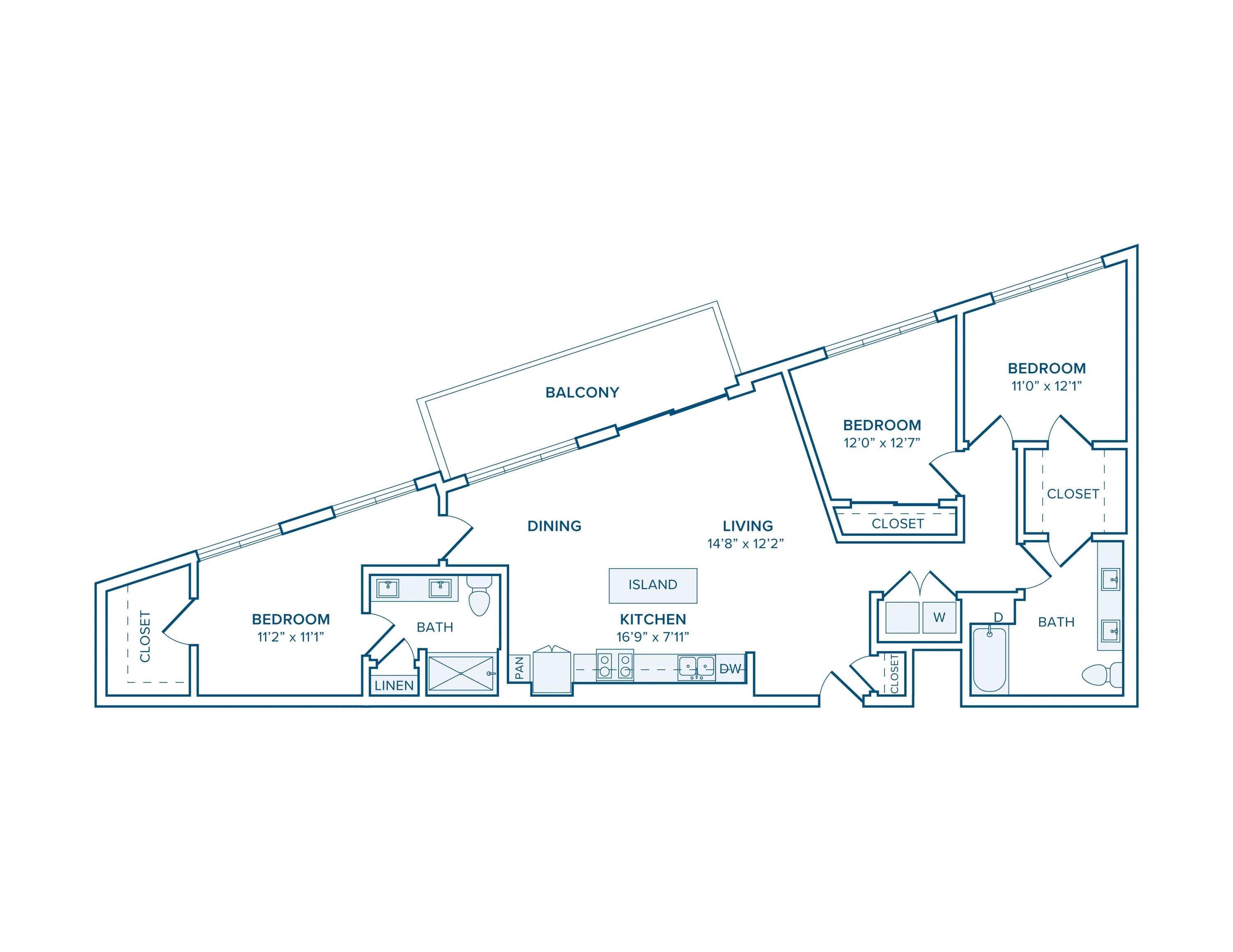 1364 square foot three bedroom two bath apartment floorplan image