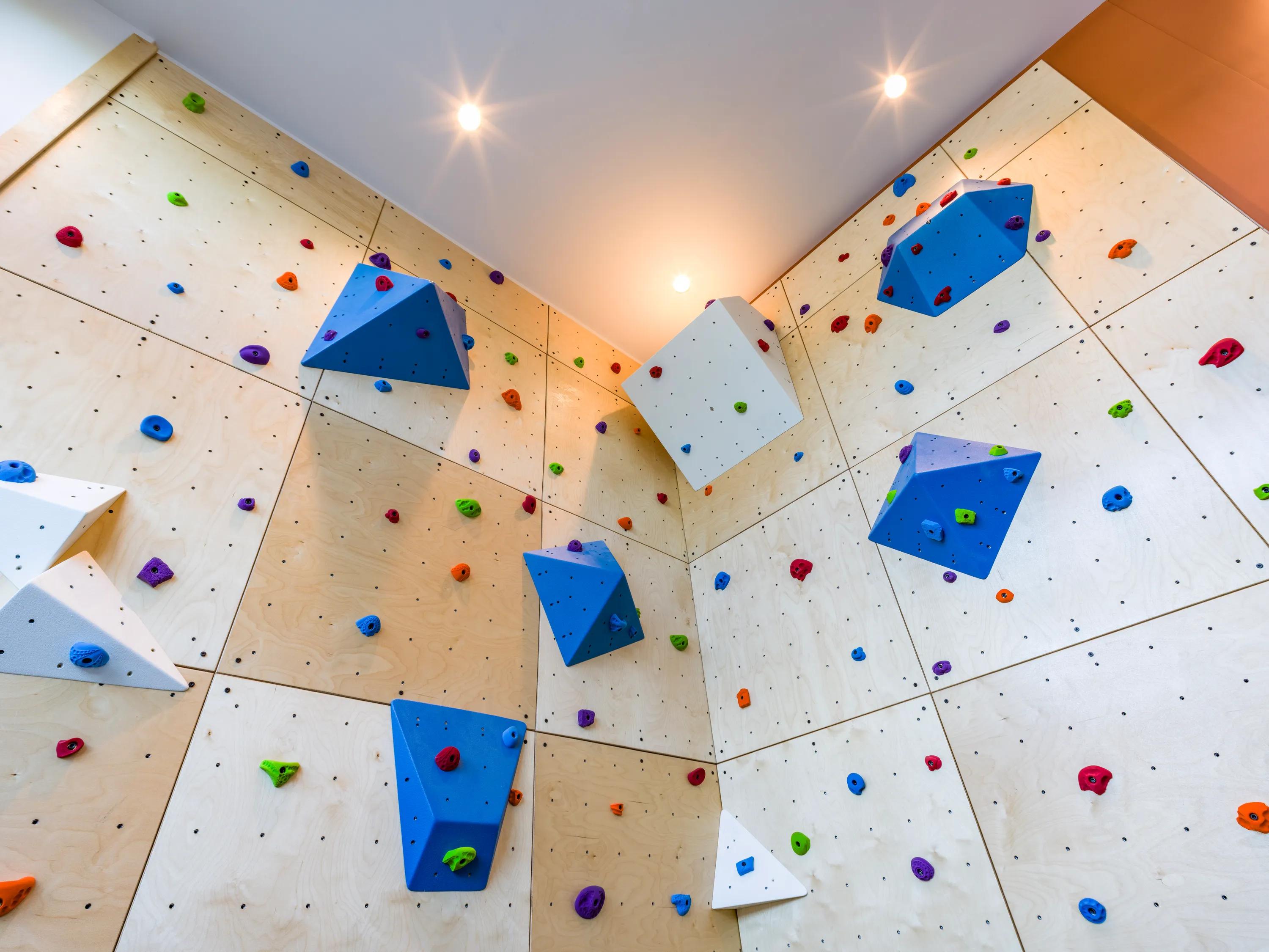 rock climbing wall in fitness center at modera woodstock apartments portalnd or