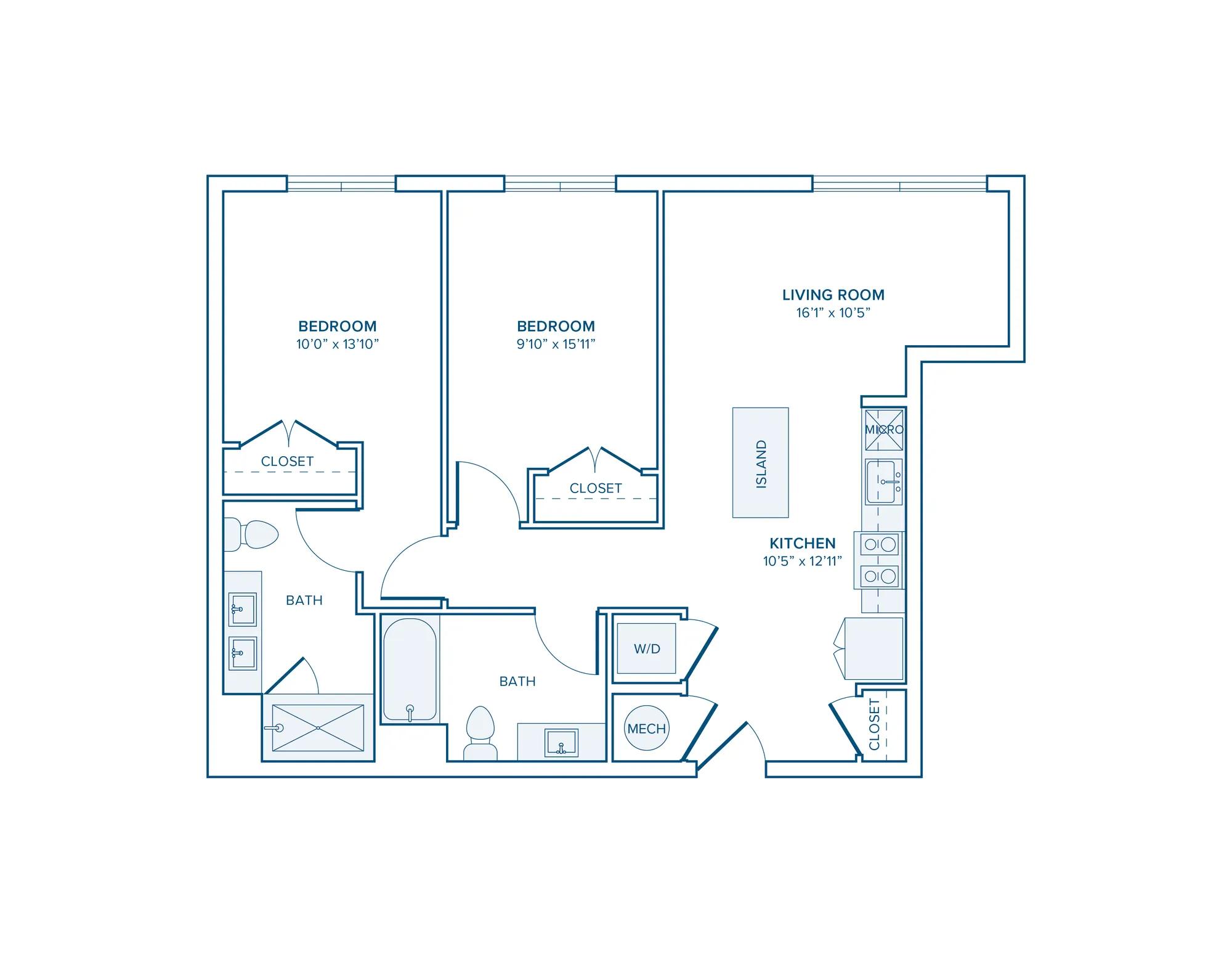 787 square foot two bed two bath apartment floor plan in D.C.