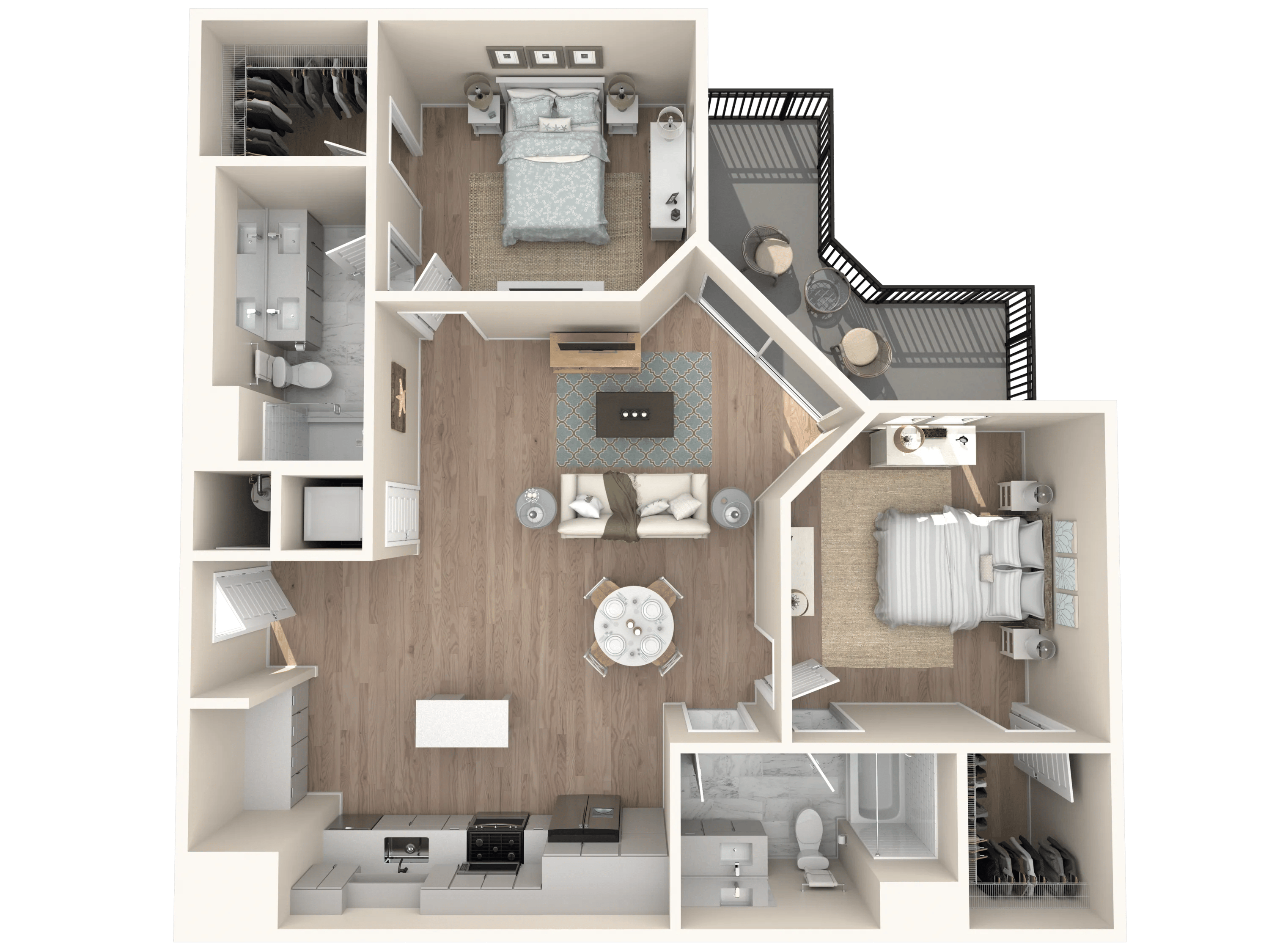 1093 square foot two bed two bath floor plan in Tampa, FL