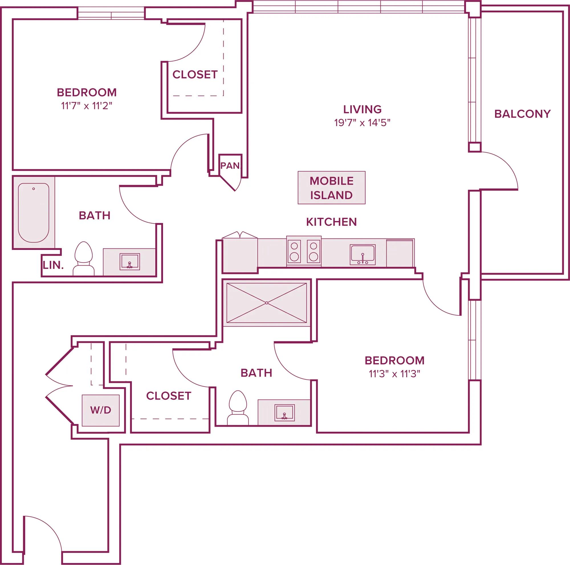 1025 square foot two bed two bath floor plan in Argyle, CA
