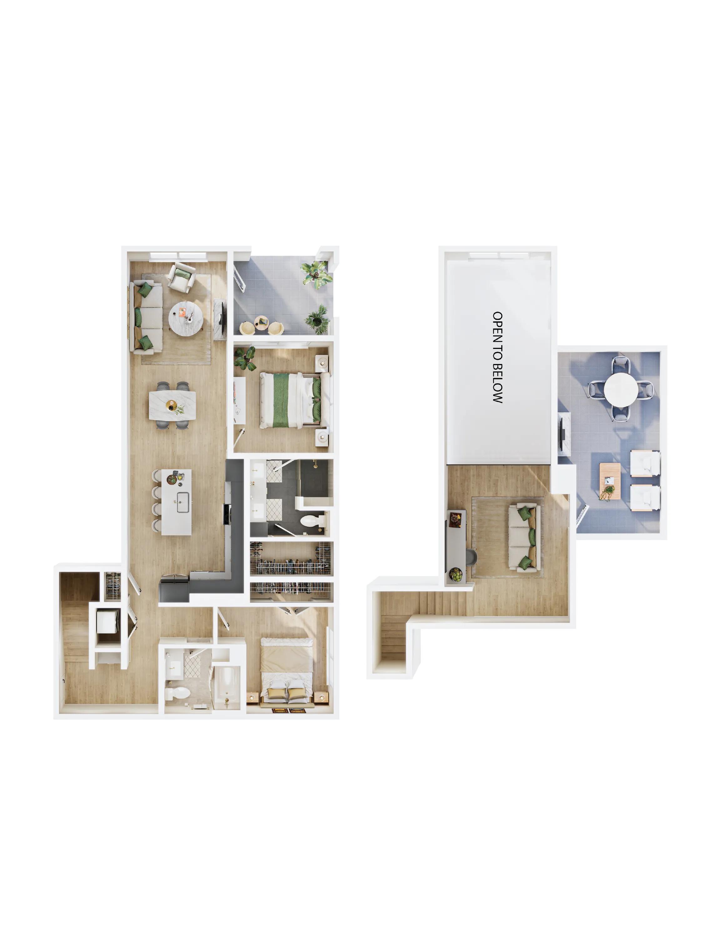 1361 square foot two bed two bath with loft apartment floor plan image