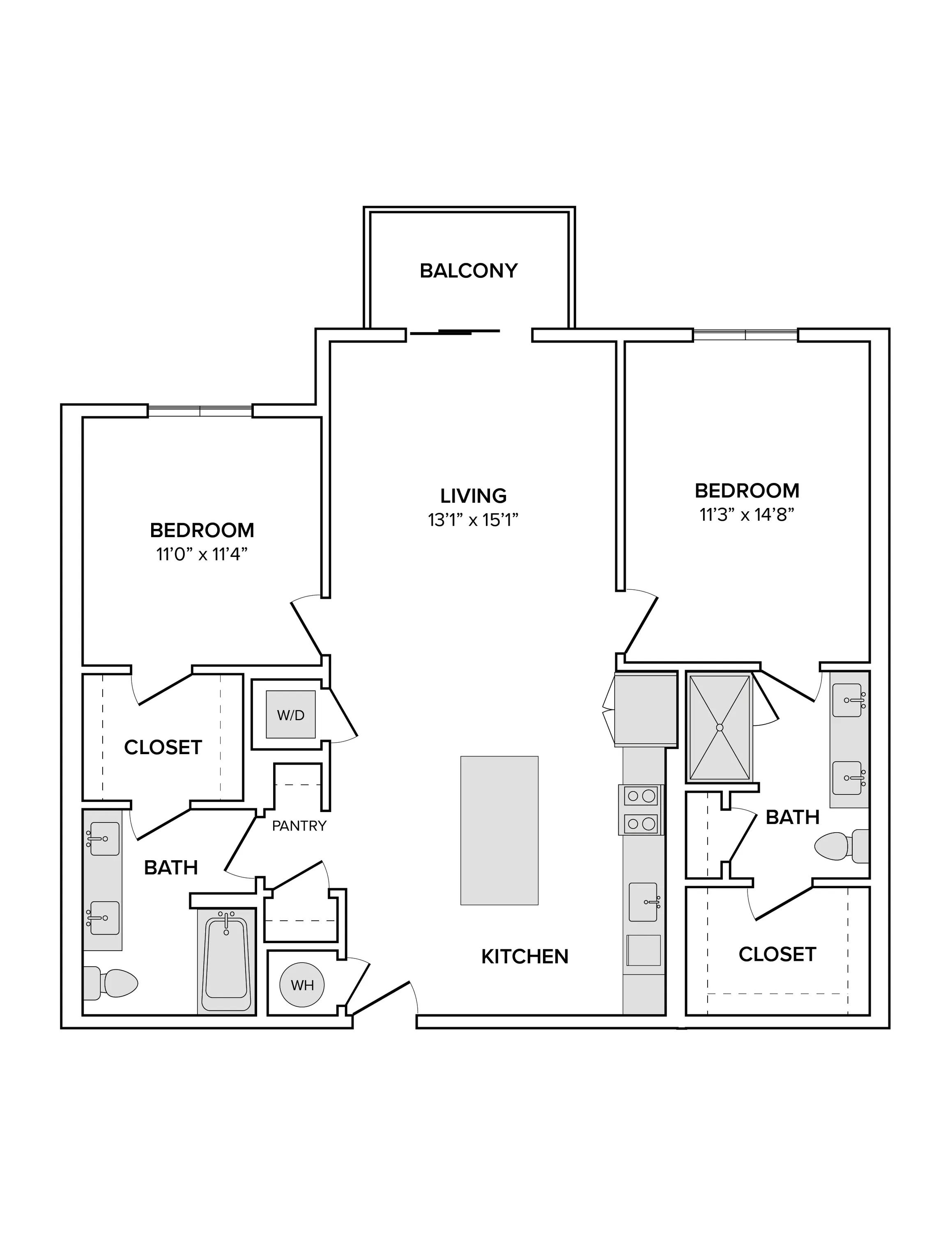 1153 square foot two bed two bath apartment floor plan image
