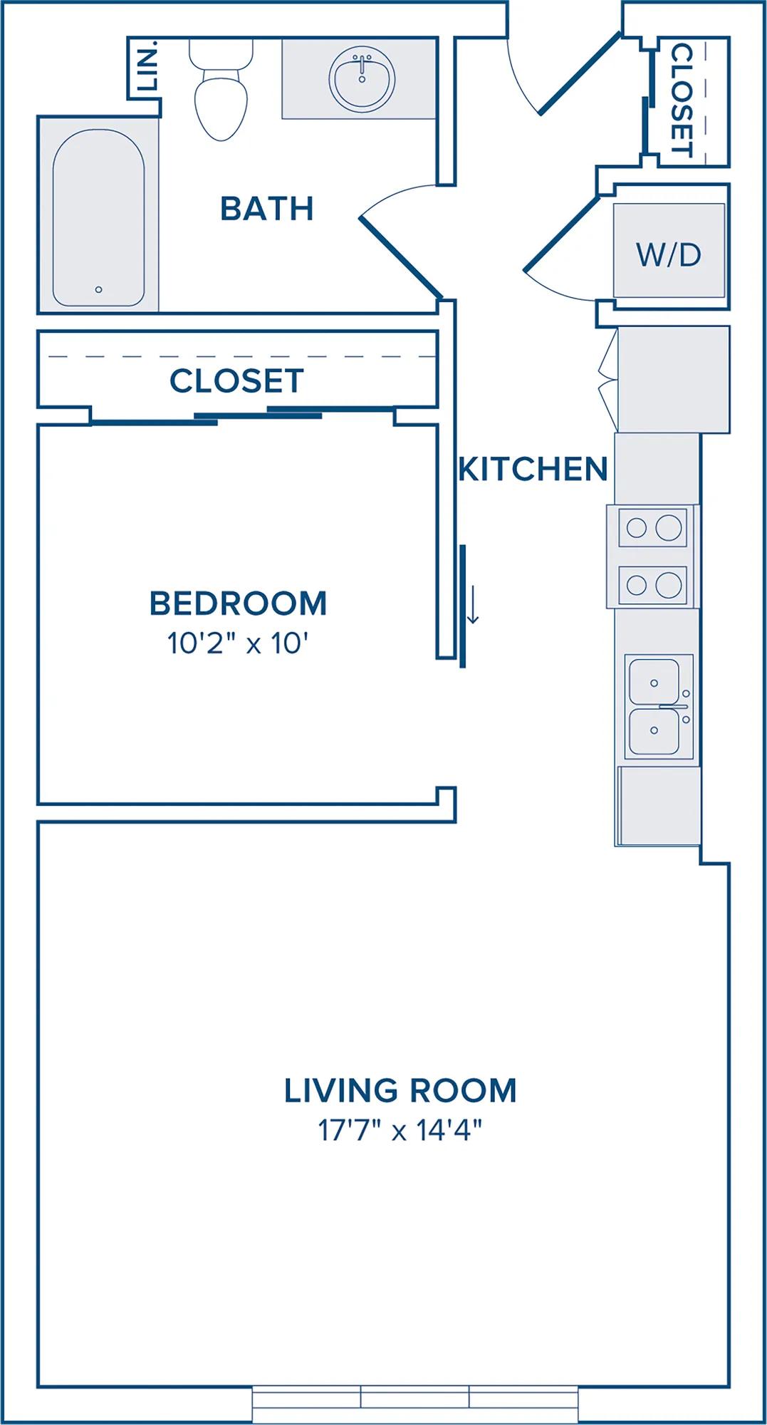 661-745 square foot one bedroom one bathroom floorplan image