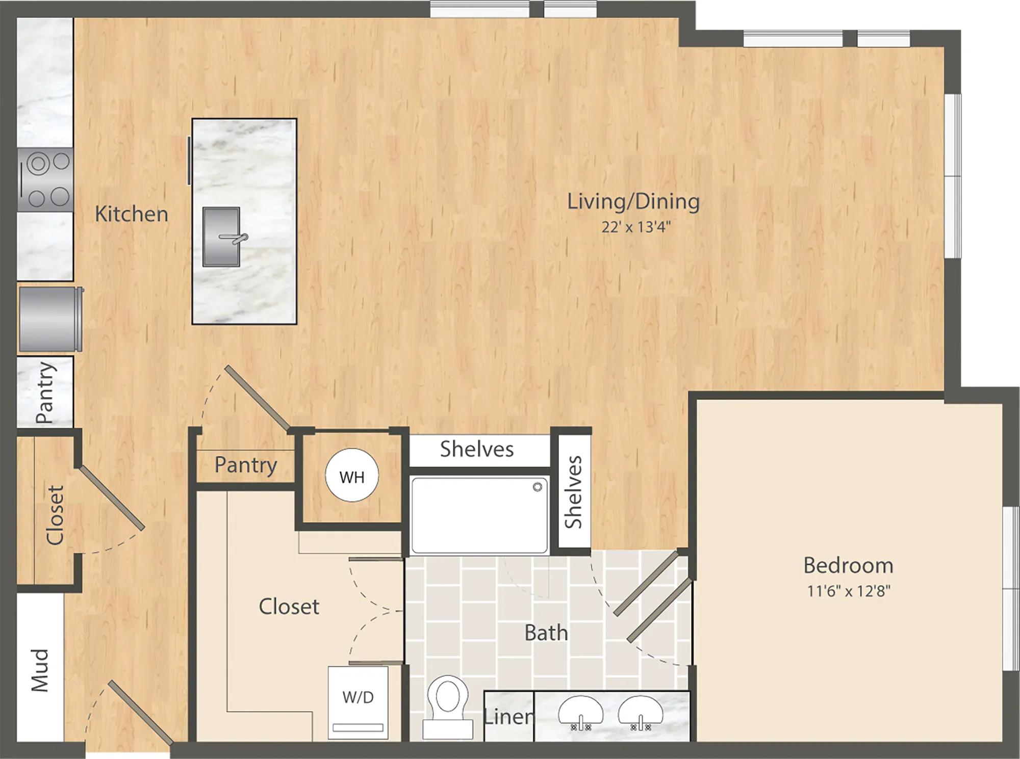 933 square foot one bedroom one bath apartment floor plan in Dallas, TX