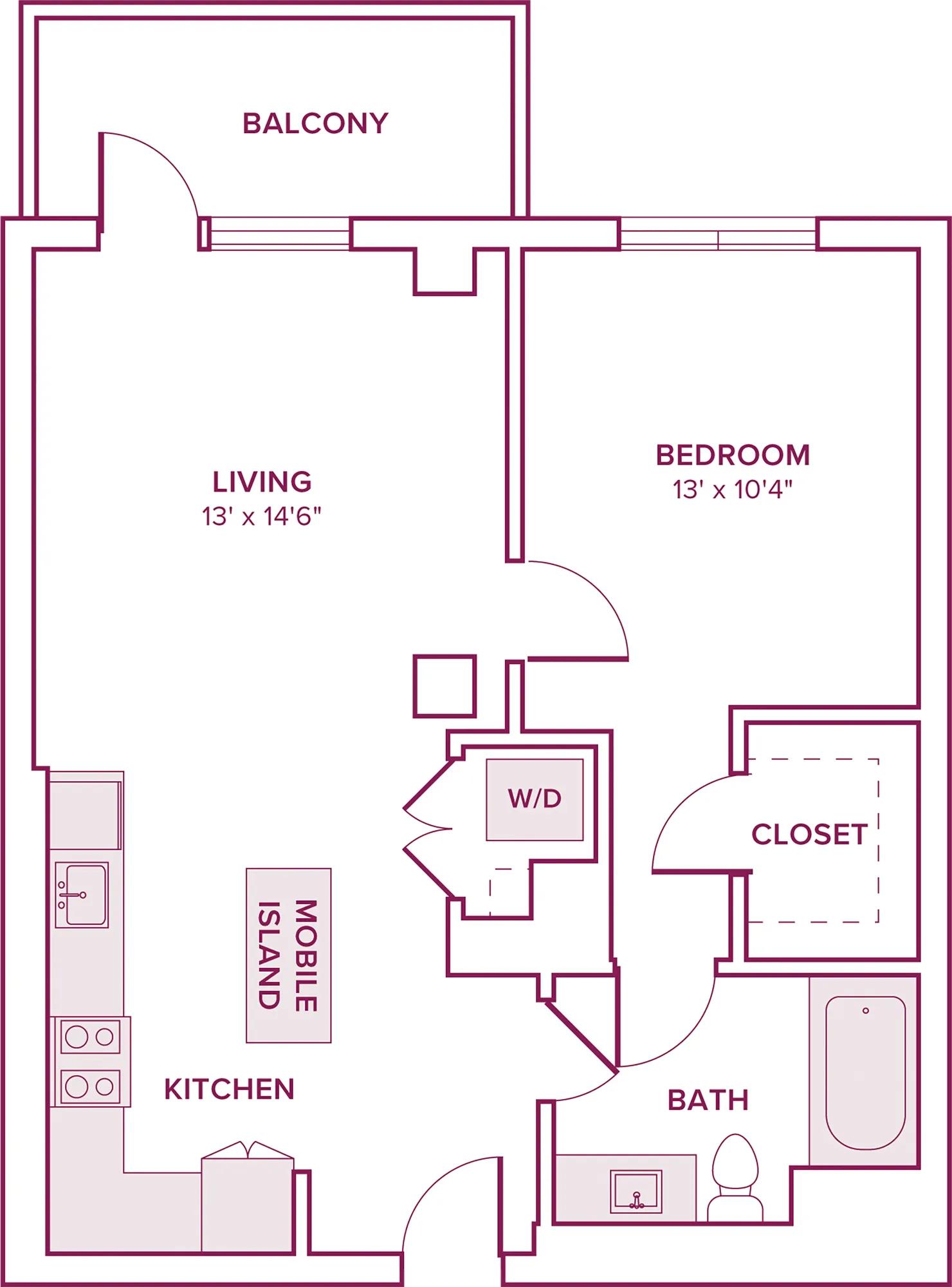 708 square foot one bed one bath floor plan in Argyle, CA