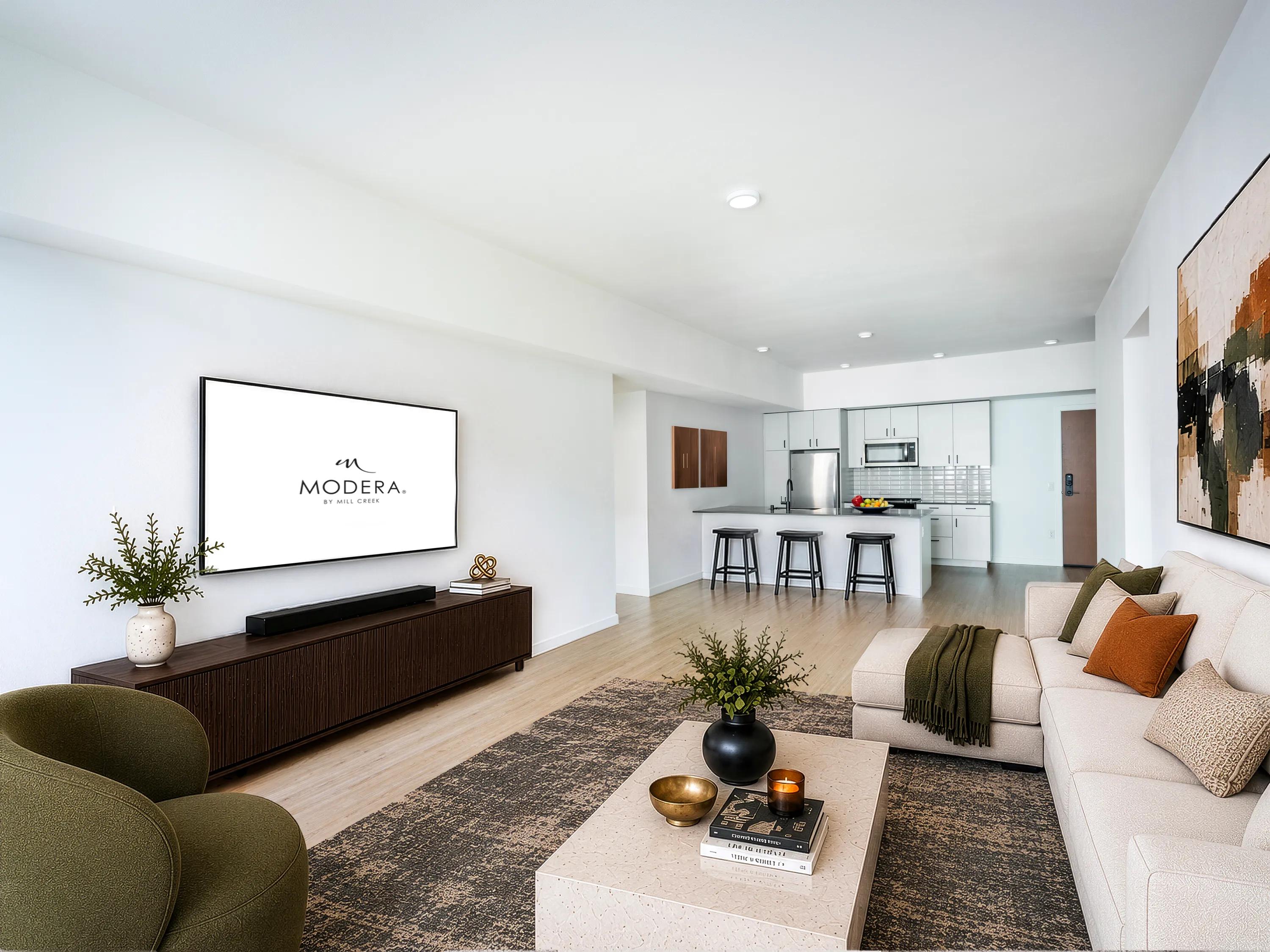 living room area with virtually staged furniture looking onto kitchen modera bridle trails