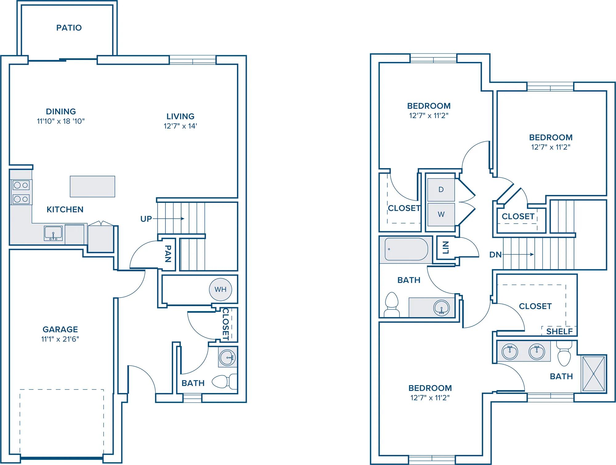 1899 square foot three bedroom two and a half bath townhome floor plan in Marshfield, MA