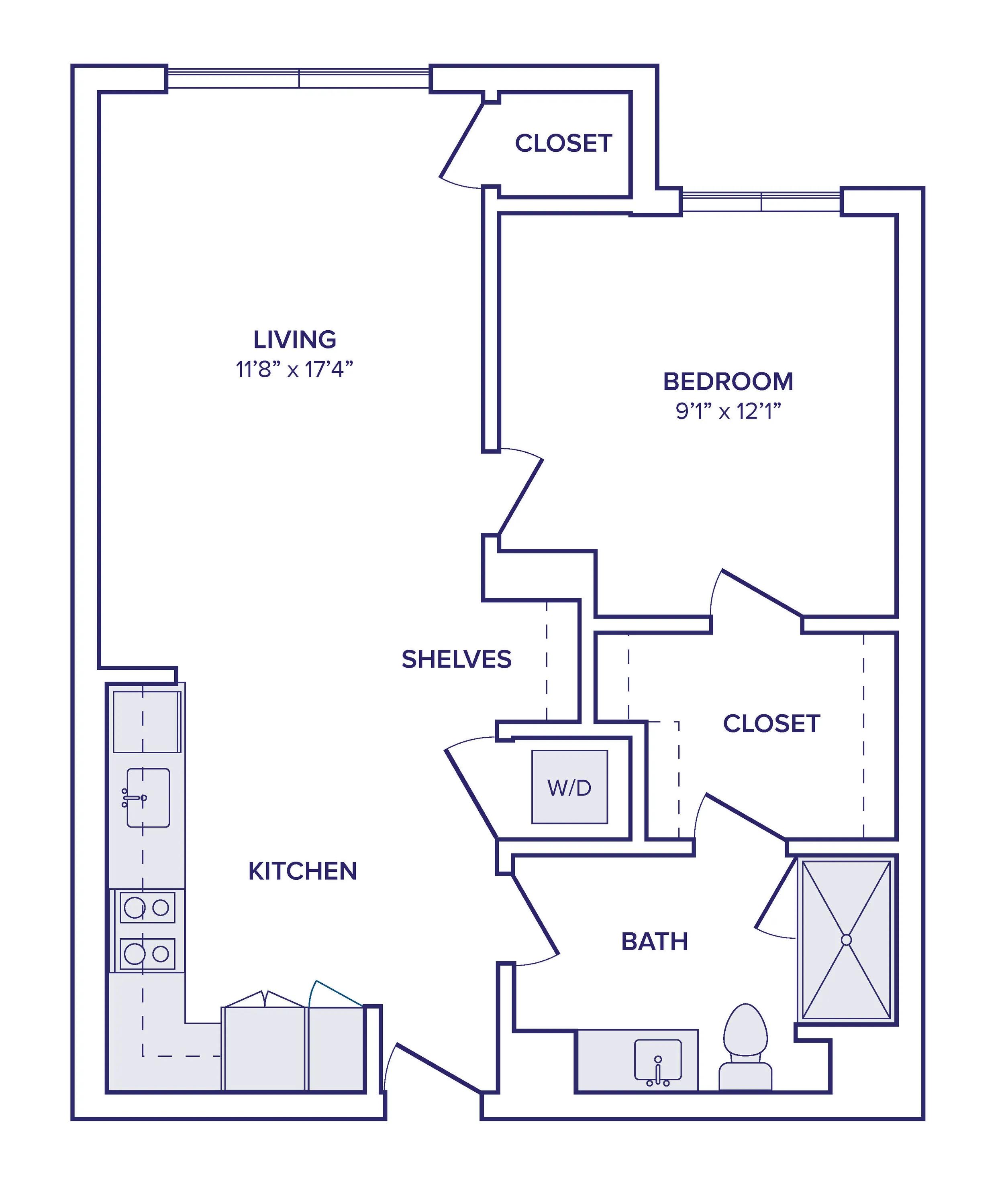 765 square foot one bed one bath floor plan image