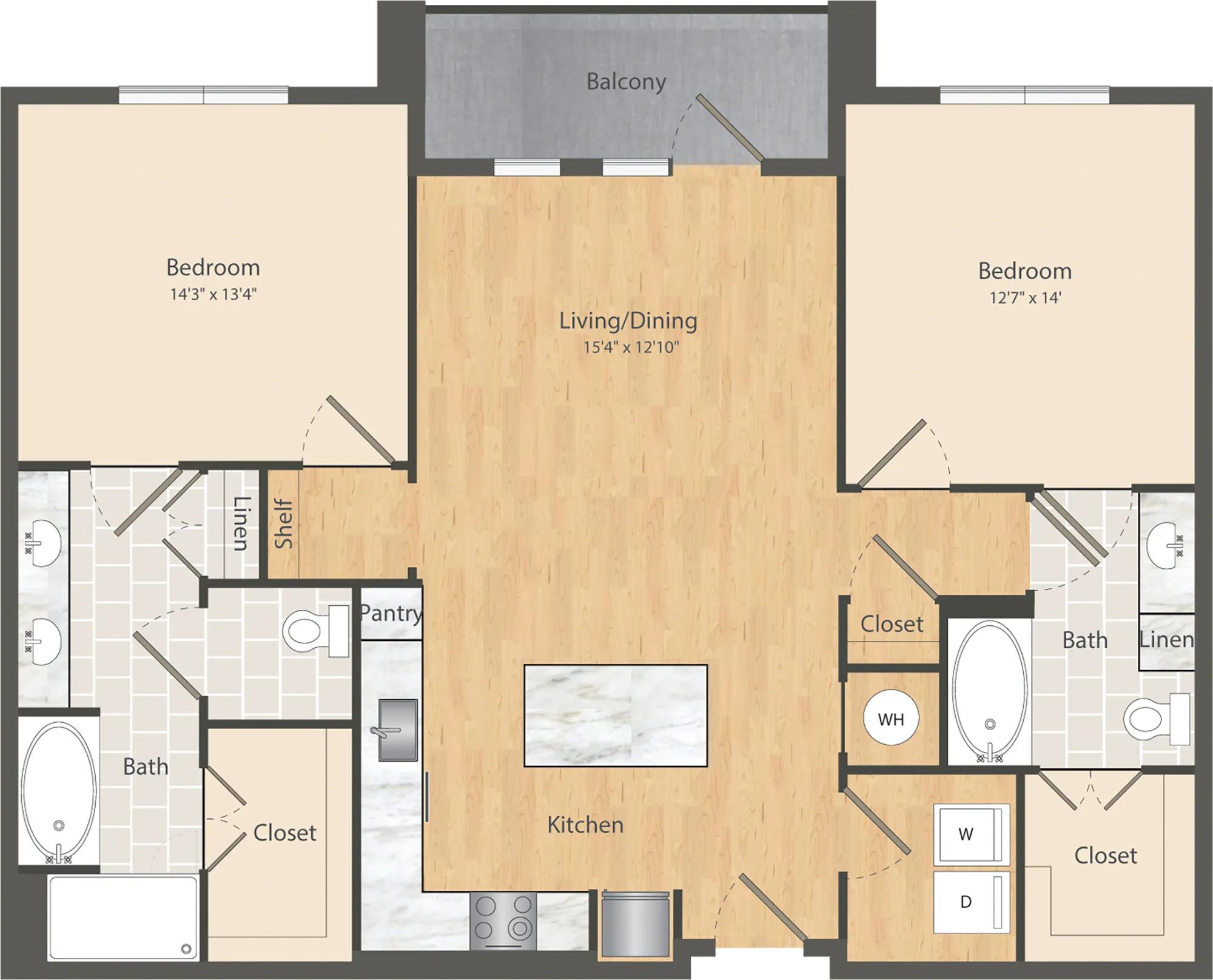 1269 square foot two bedroom two bath apartment floor plan in Dallas, TX