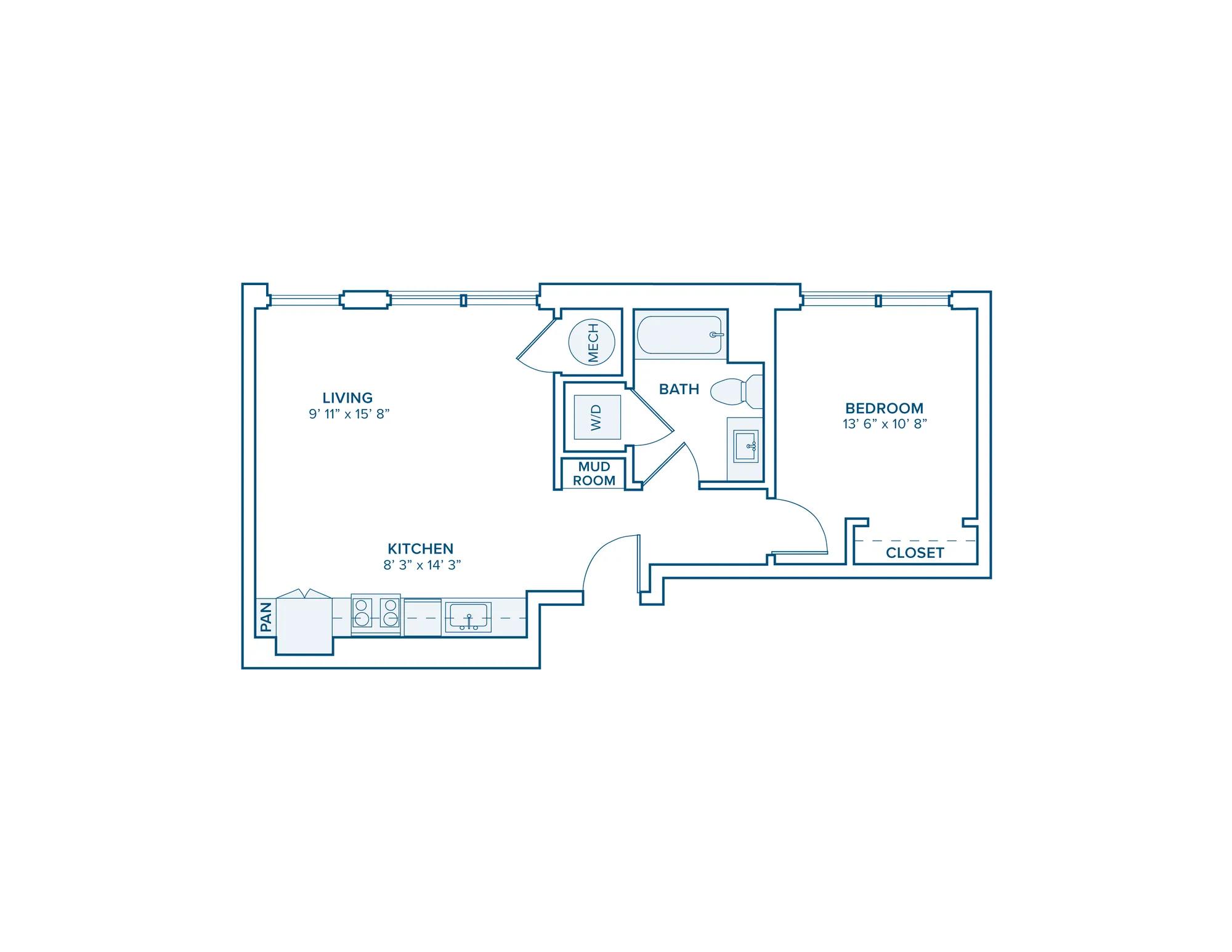 652 square foot one bed one bath apartment floor plan in Nashville