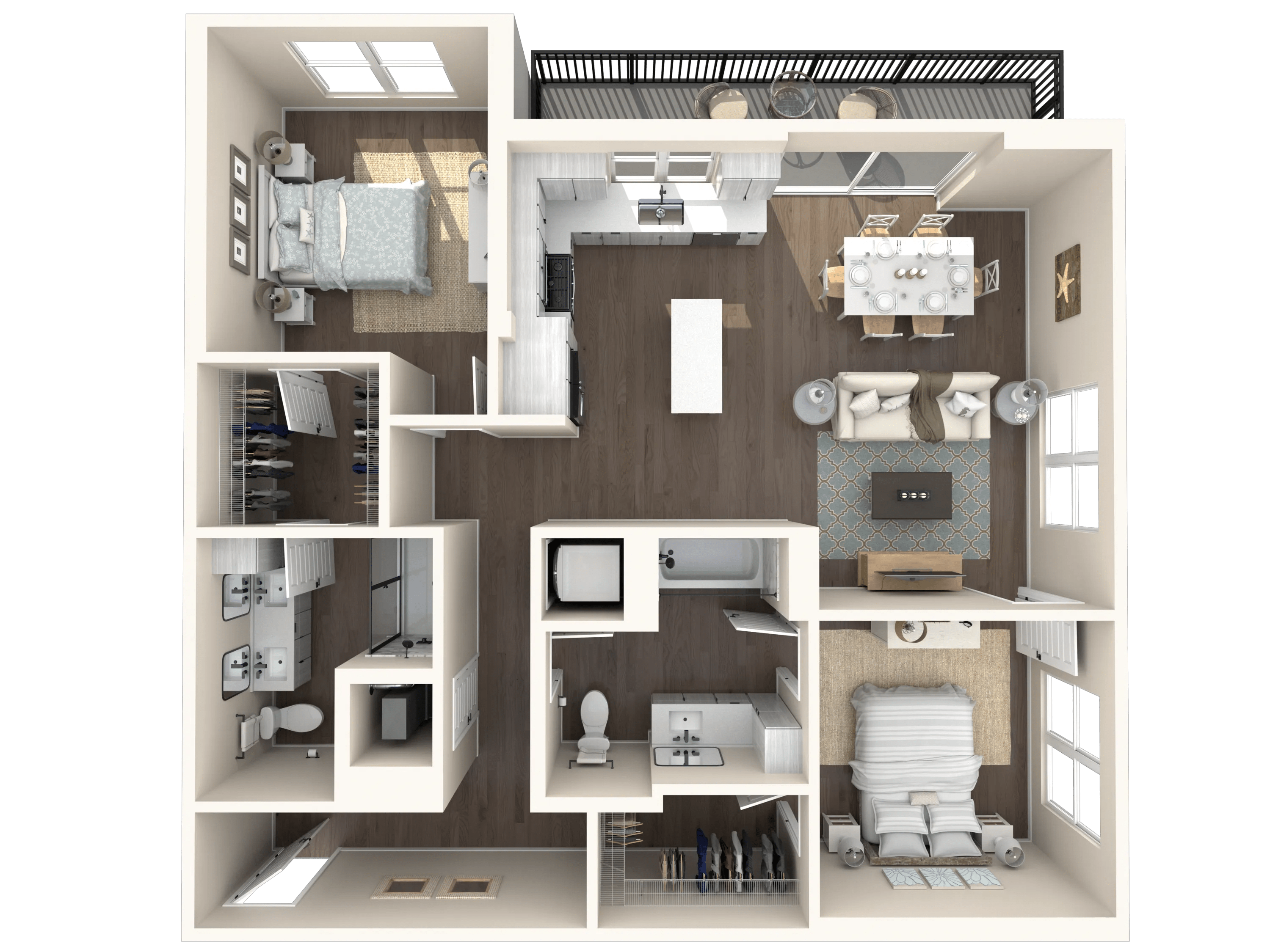 1208 square foot two bedroom two bath apartment floor plan image