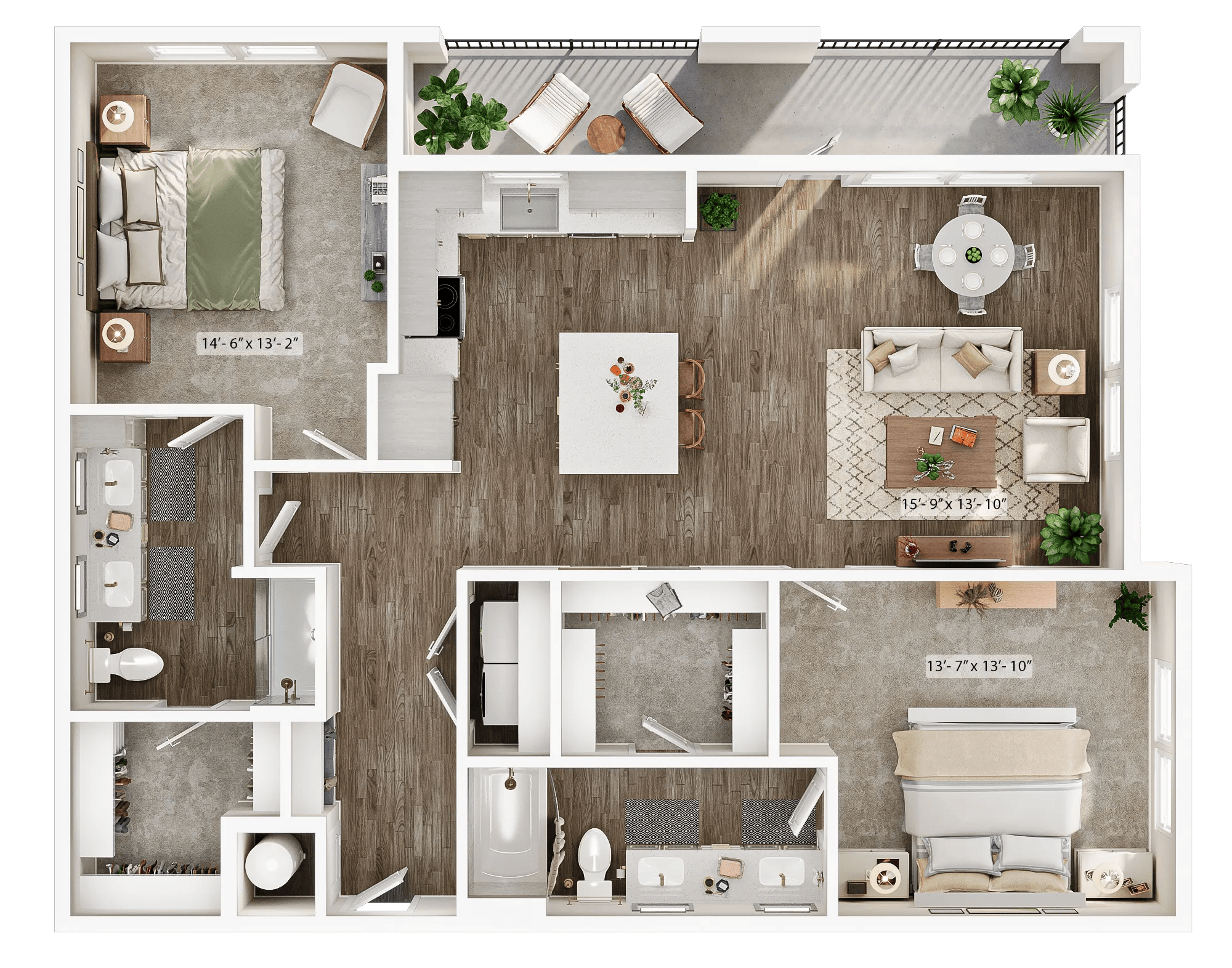 1327 square foot two bed two bath apartment floor plan image