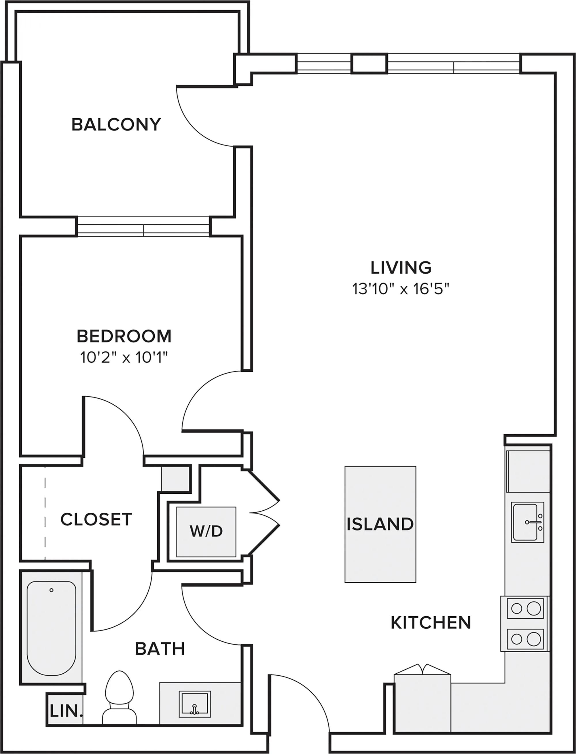 696 square foot one bedroom one bath apartment floor plan in Pomona, CA