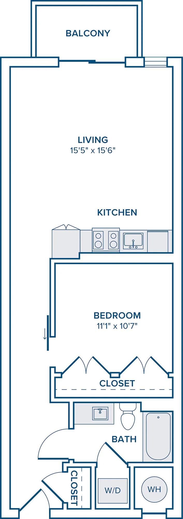 683 square foot one bedroom one bath apartment floorplan image