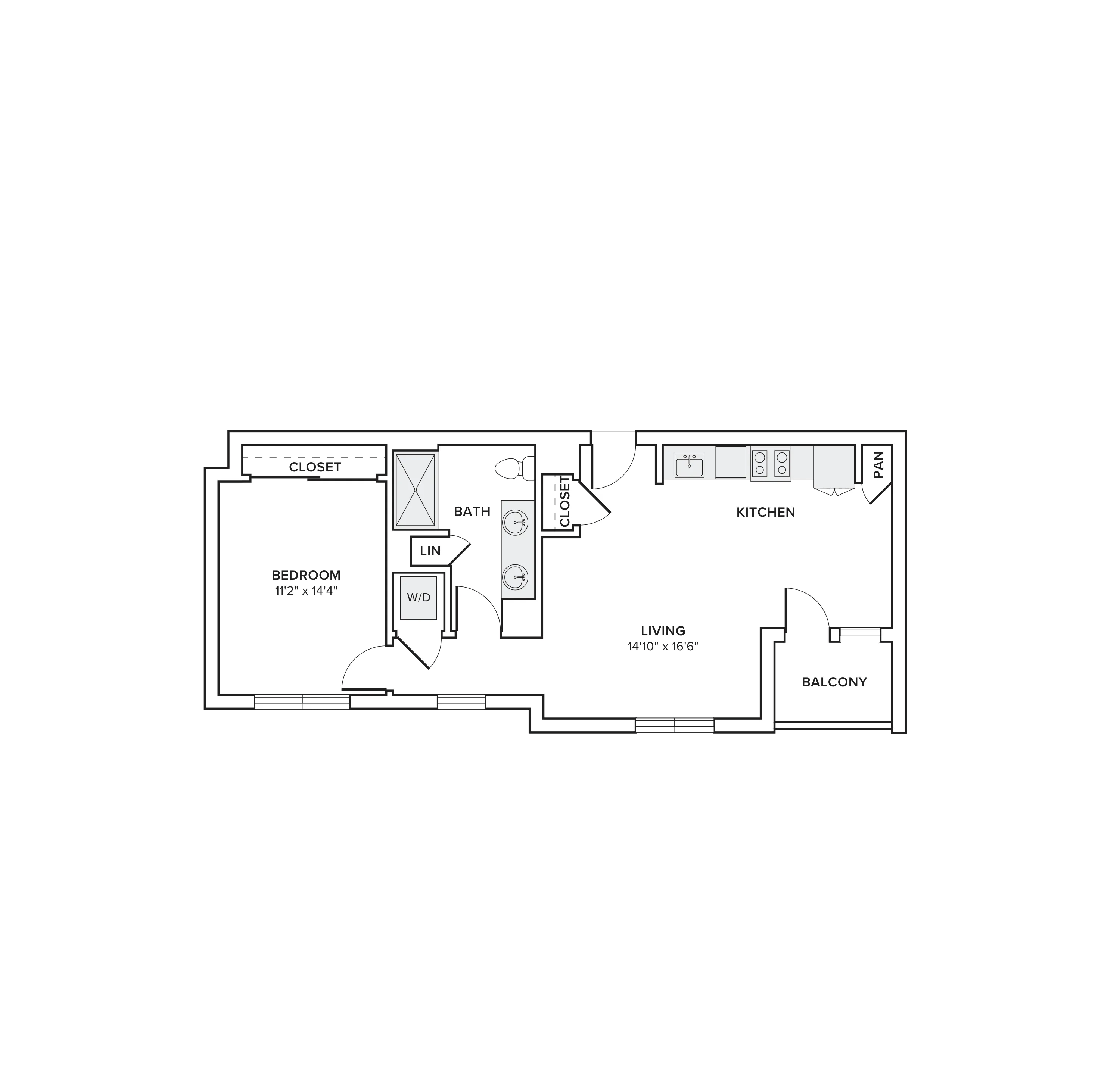 732 square foot one bed one bath apartment floor plan in Tempe, AZ