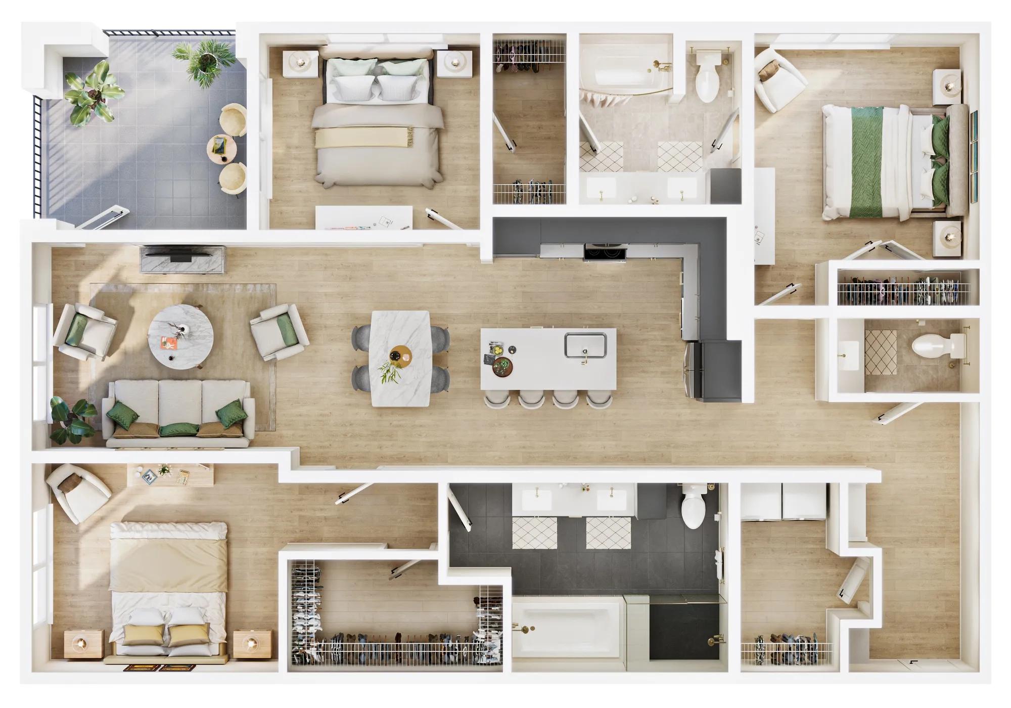 1615 square foot three bed two bath floor plan image