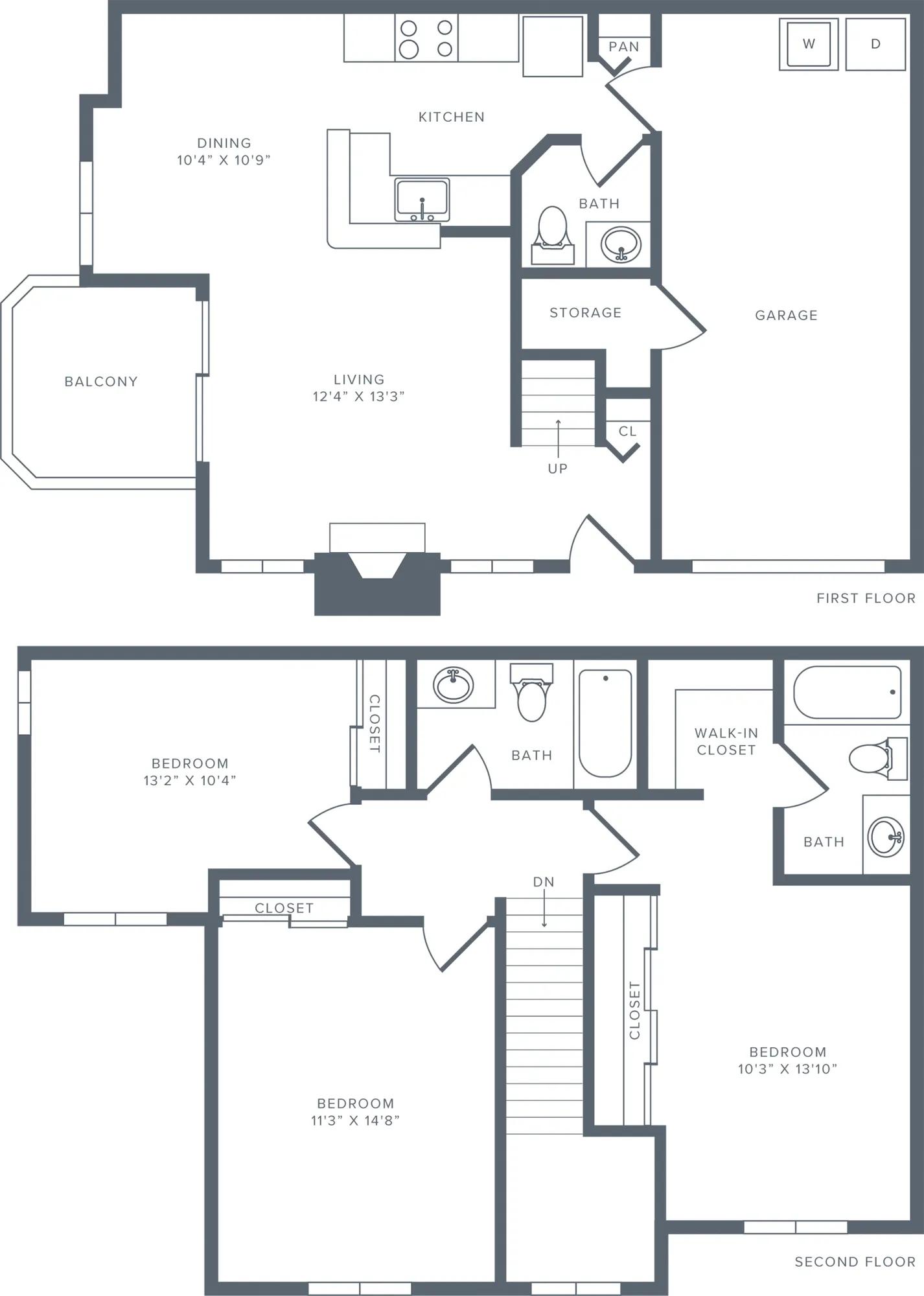 1265 square foot three bedroom two bath townhome floorplan image