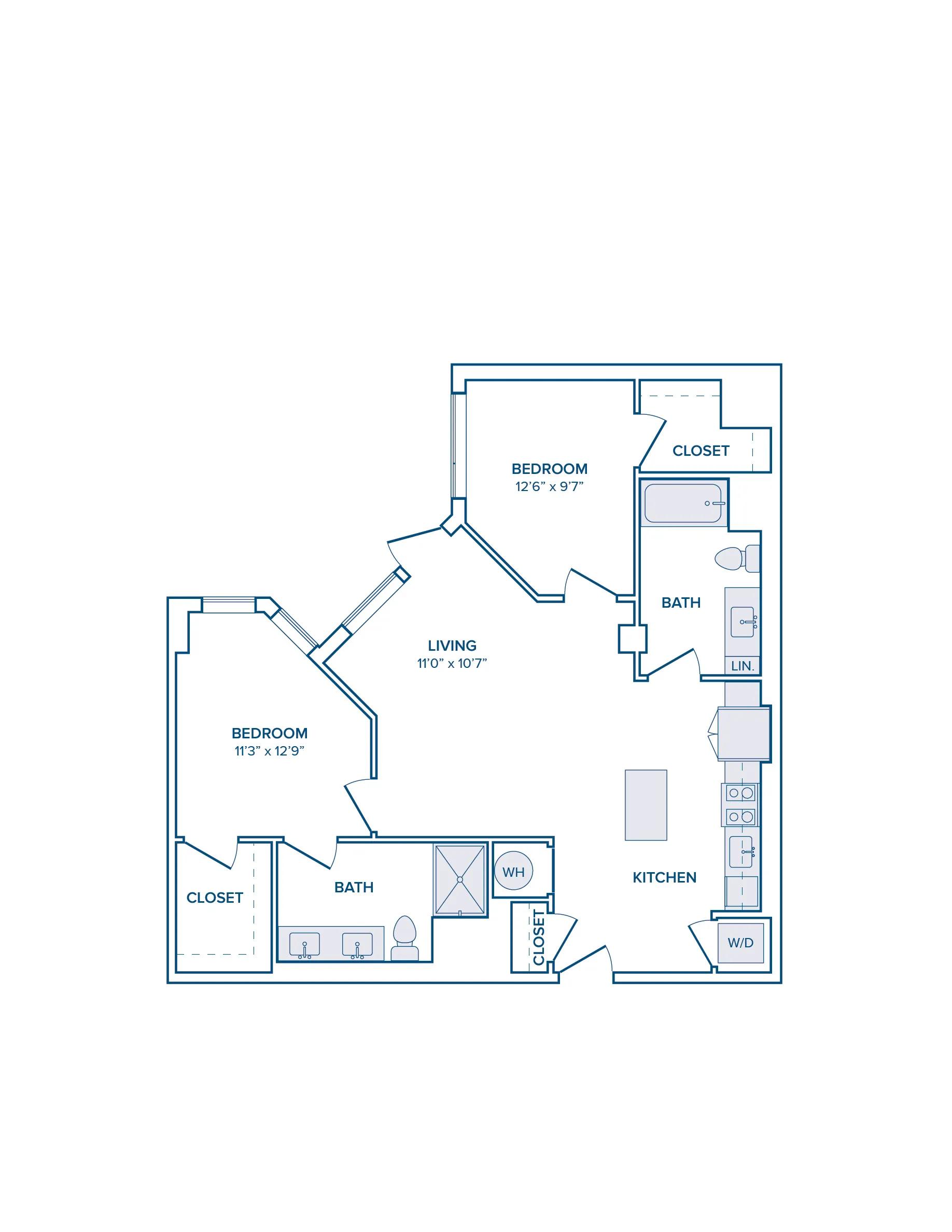 996 square foot two bed two bath floor plan image