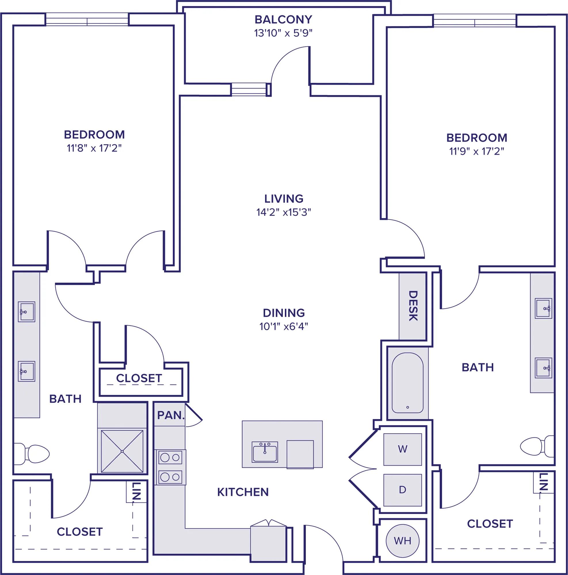 1455 square foot two bedroom two bath apartment floor plan in McKinney, TX