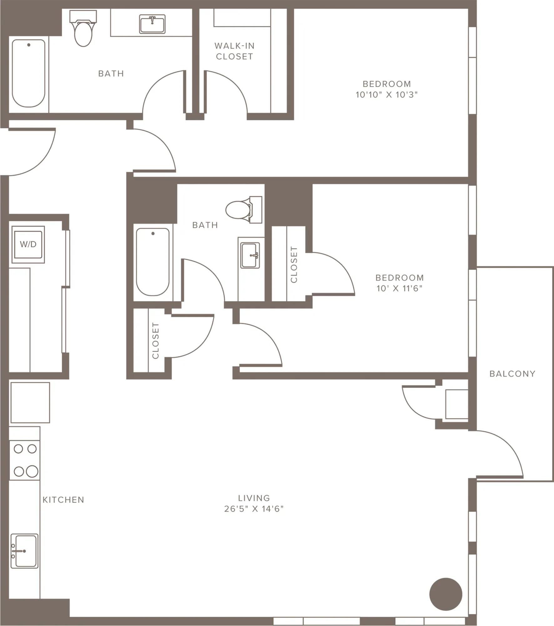 1241 square foot two bedroom two bath apartment floorplan image