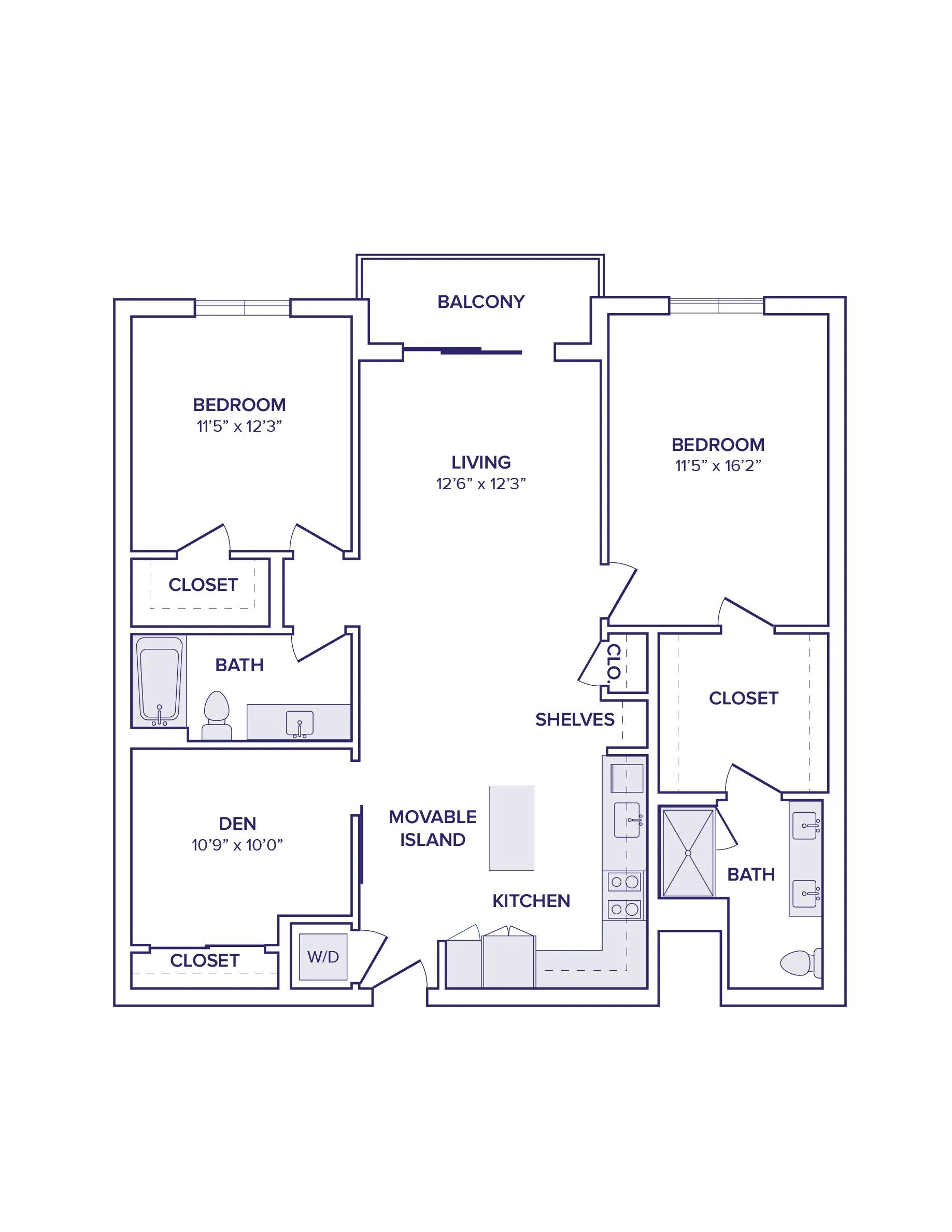 1293 square foot two bedroom two bath with den apartment floor plan image