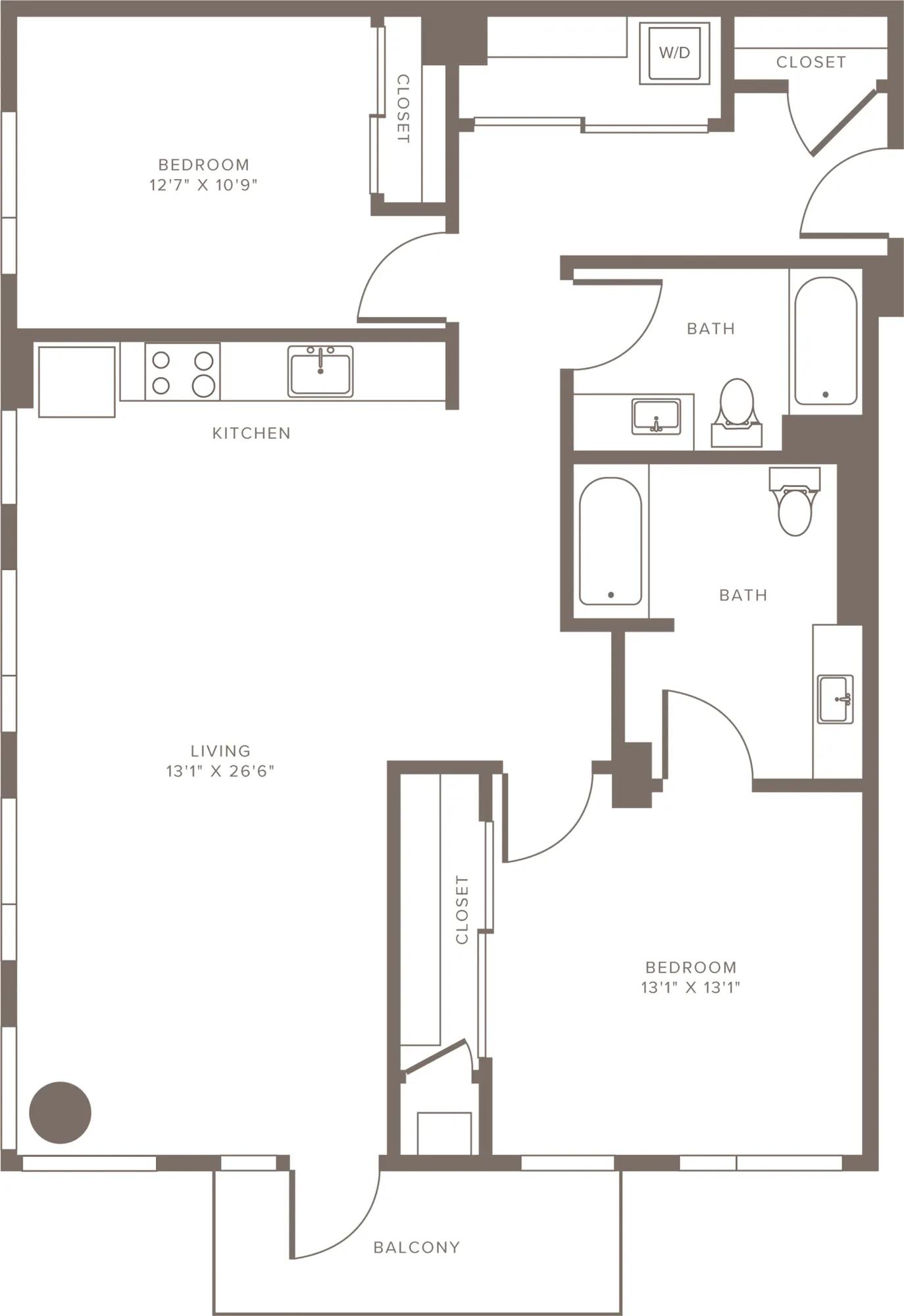1209 square foot two bedroom two bath apartment floorplan image