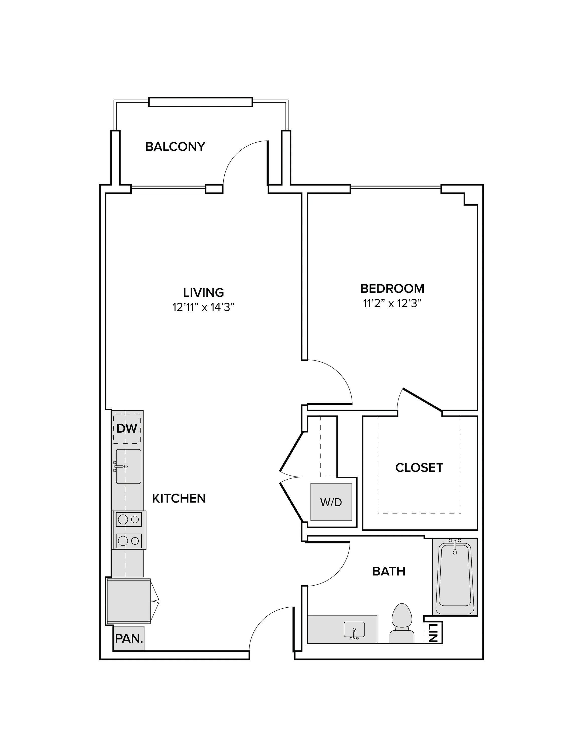 778 square foot one bed one bath apartment floor plan image