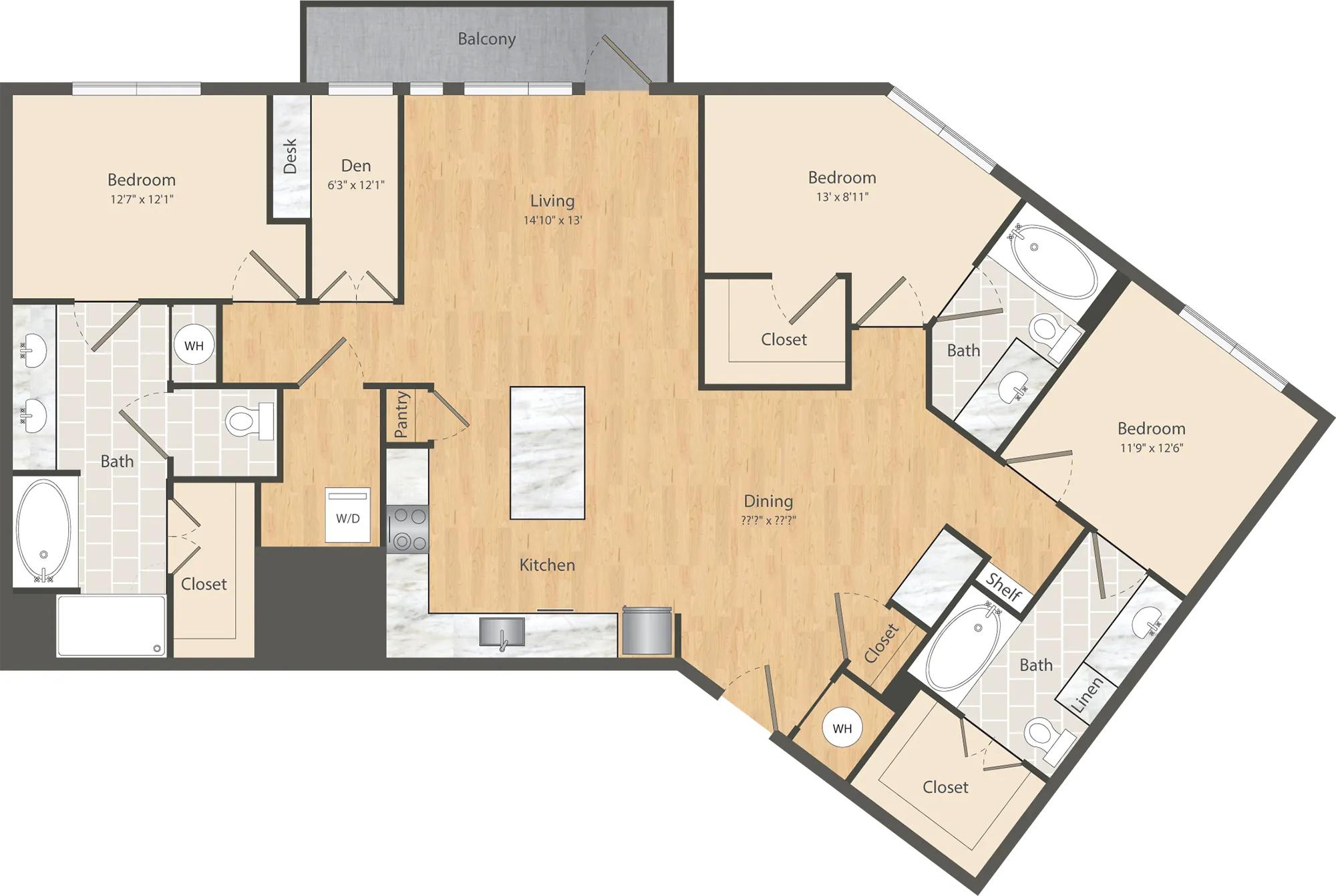 1693 square foot three bedroom three bath apartment floor plan in Dallas, TX