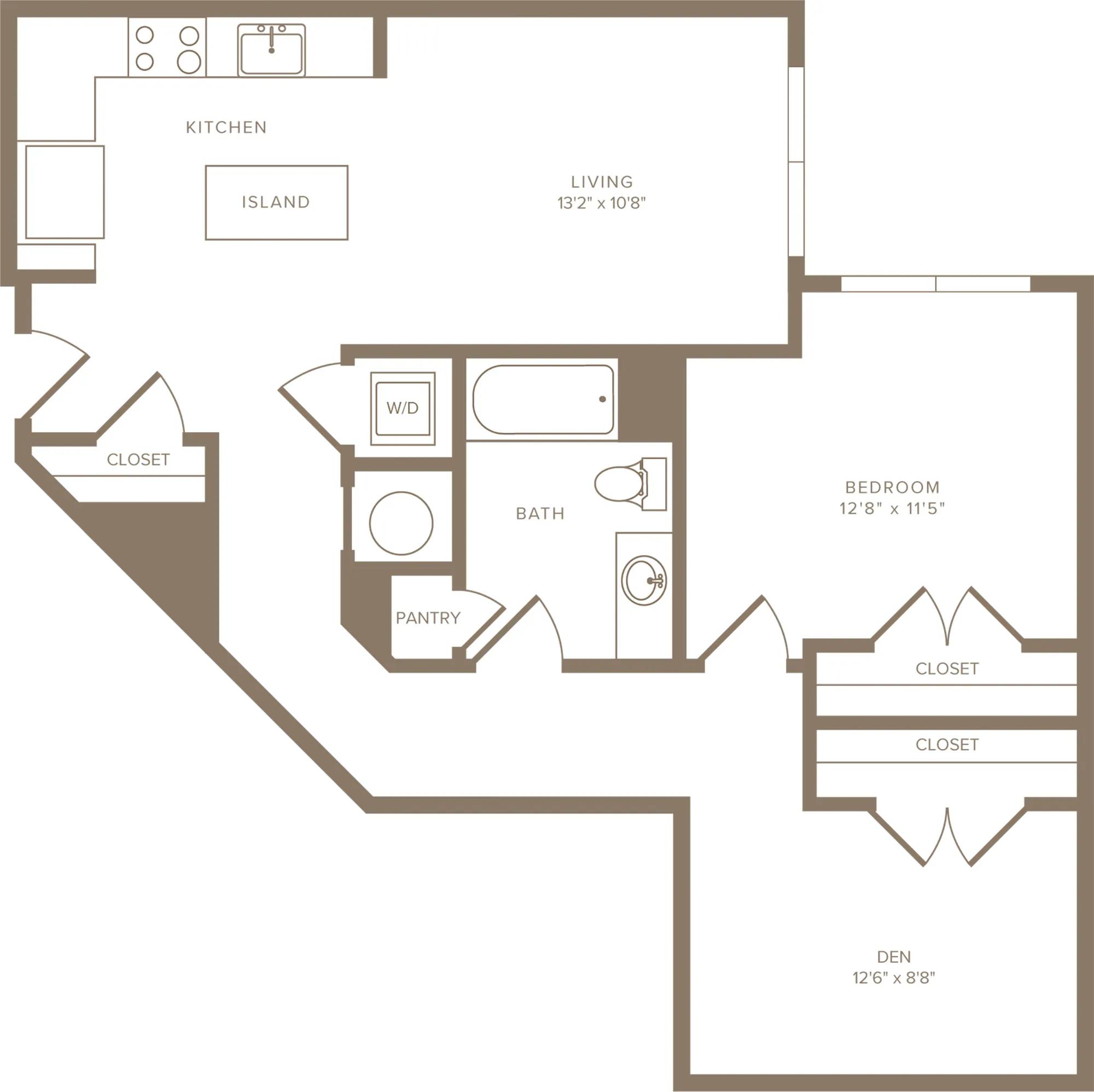 935 square foot one bed one bath plus den floor plan image