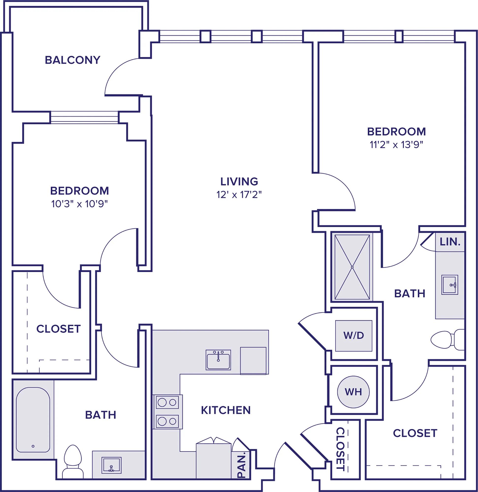 1104 square foot two bedroom two bath apartment floor plan image